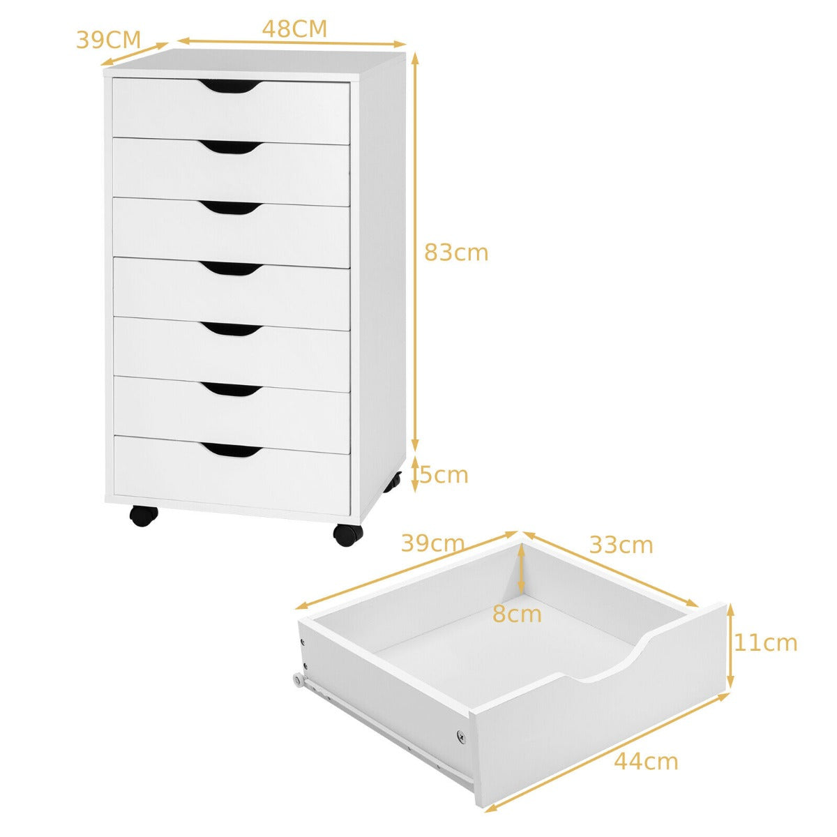 Mobile File Cabinet with 7 Drawer and wheels-White