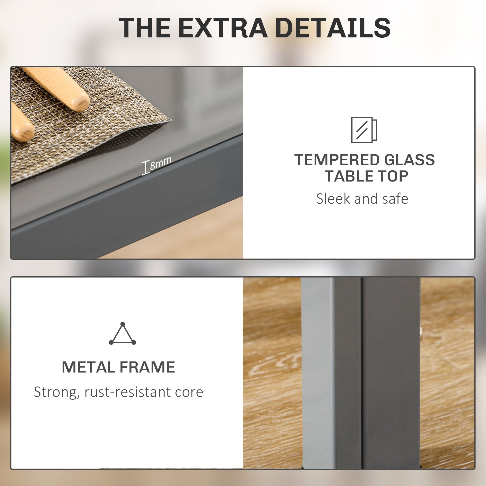 HOMCOM 5-Piece Kitchen Dining Table Set with 4 Faux Leather Metal Frame Chairs Glass Tabletop Desk for Dining Room, Kitchen, Dinette, Grey