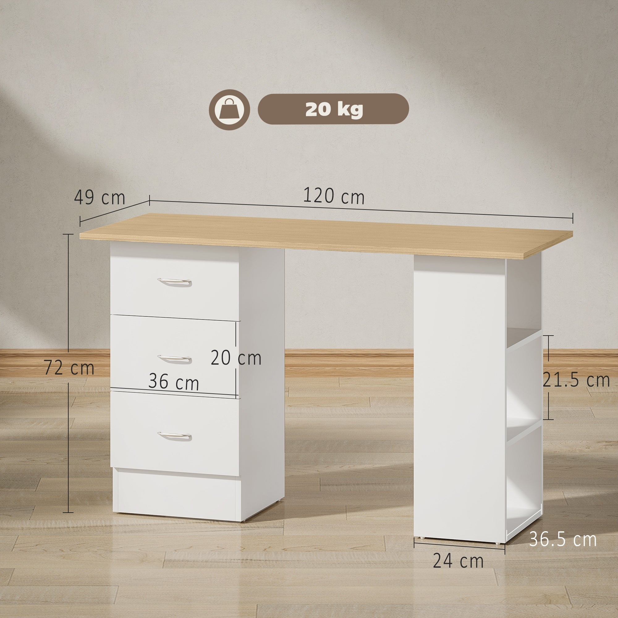 HOMCOM Computer Desk, Writing Table, PC Workstation with 3 Storage Shelves and Drawers, Silver Handle, for Home Office, Natural Wood Finish and White