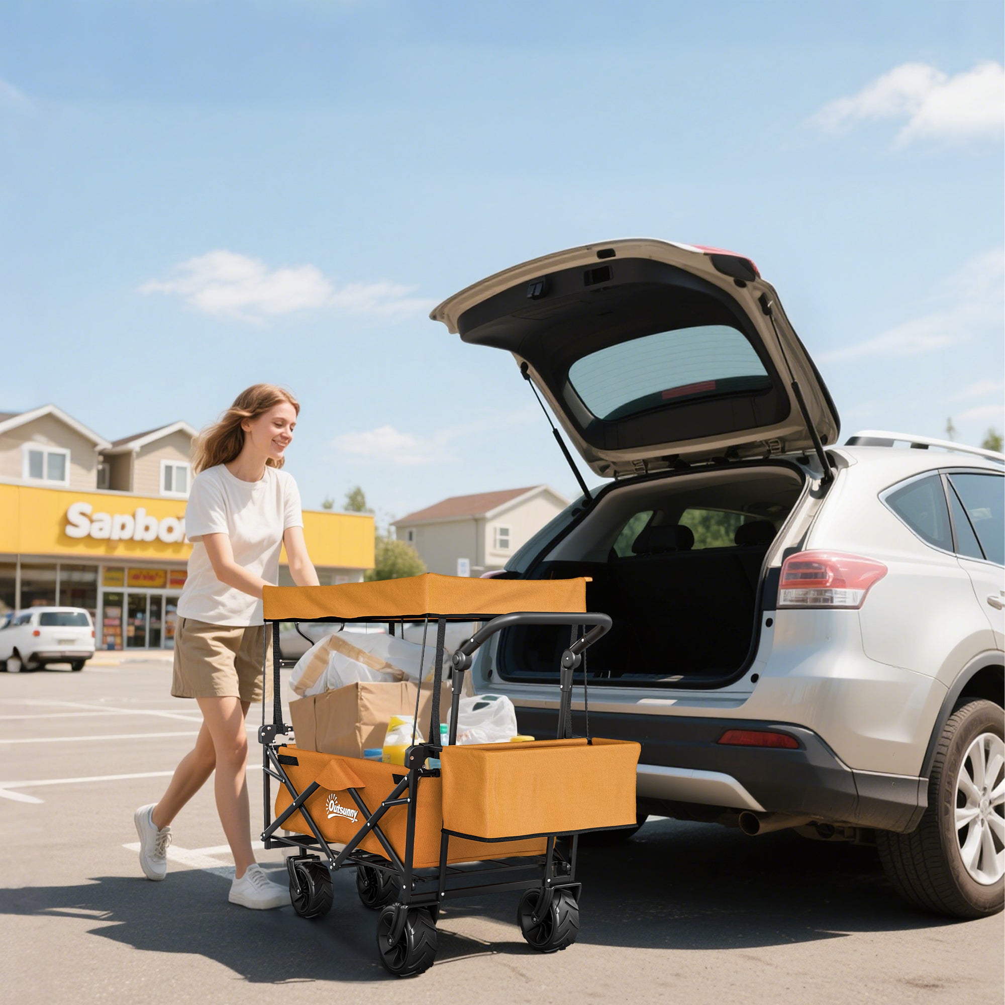 Outsunny 120L Festival Trolley on Wheels, Folding Camping Trolley Cart with Removable Canopy, All-Terrain Wheels, Adjustable Handle, Push or Pull for Garden Beach Fishing Shopping, Orange