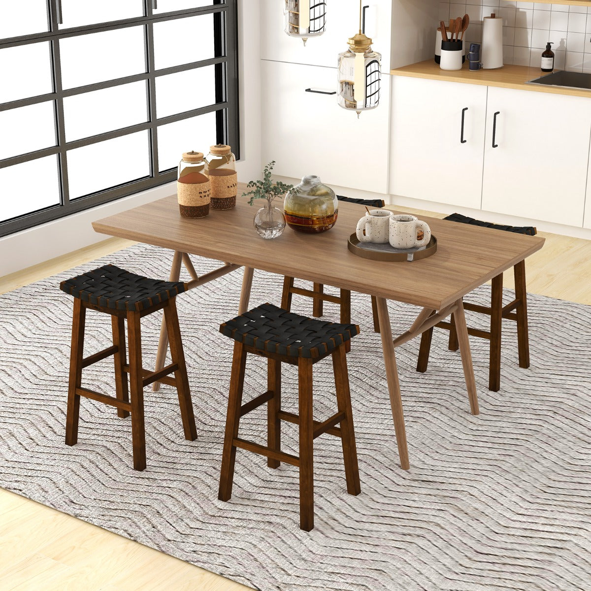 78cm Saddle Barstools with Woven Curved Seat for Kitchen-Black &amp; Brown