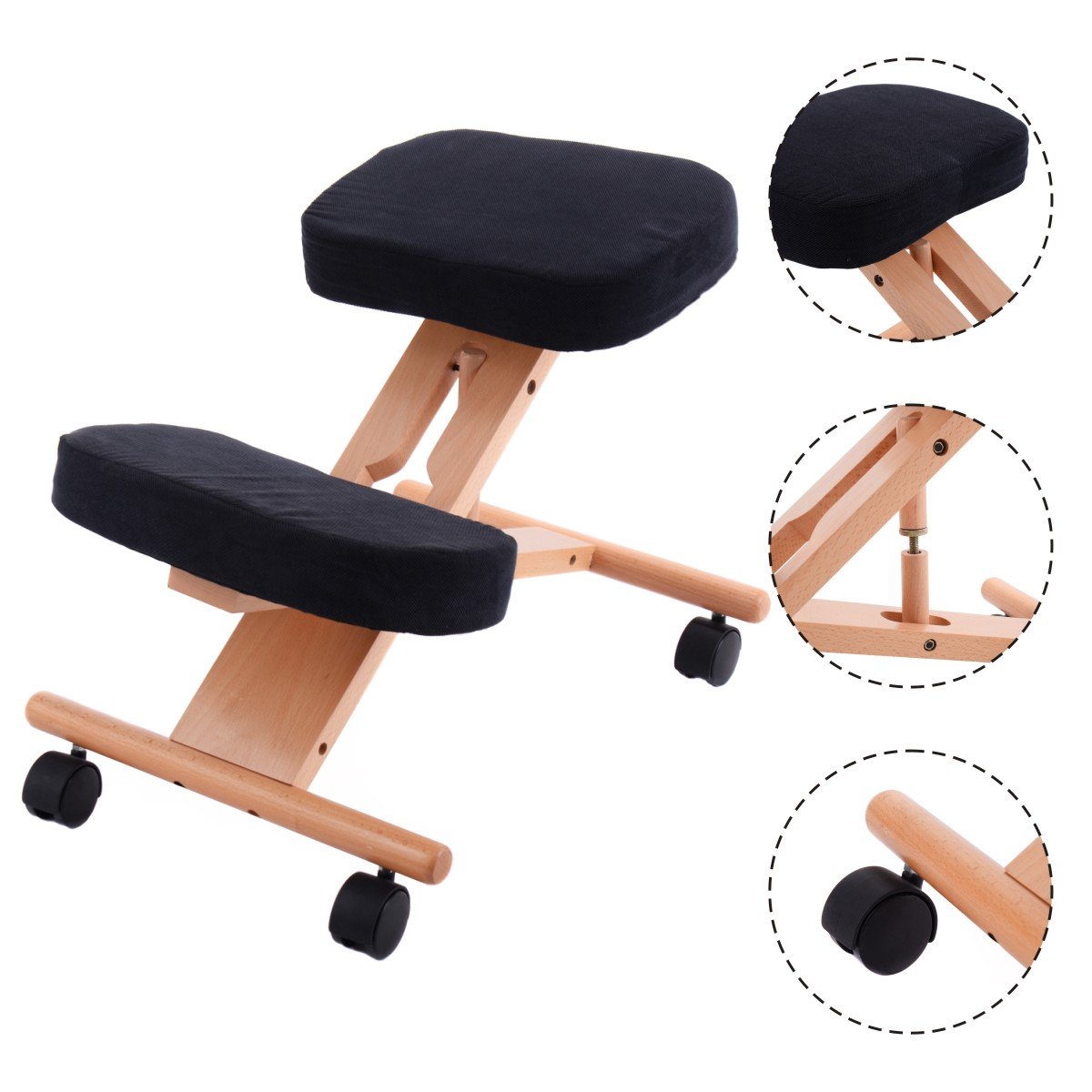 Wooden Orthopaedic Kneeling Stool Ergonomic Posture Frame Seat-Black