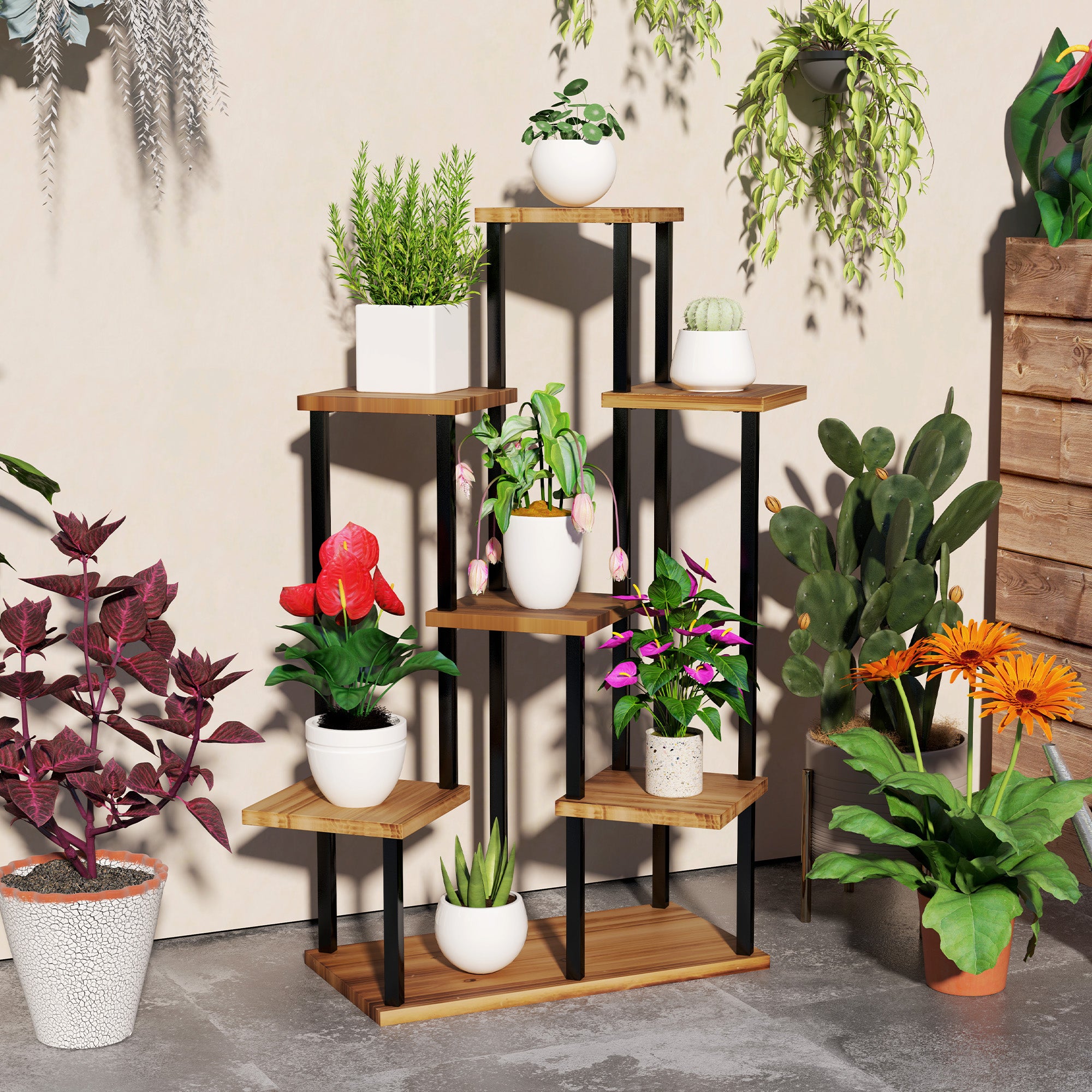 Outsunny Seven Wooden Shelf Plant Stand