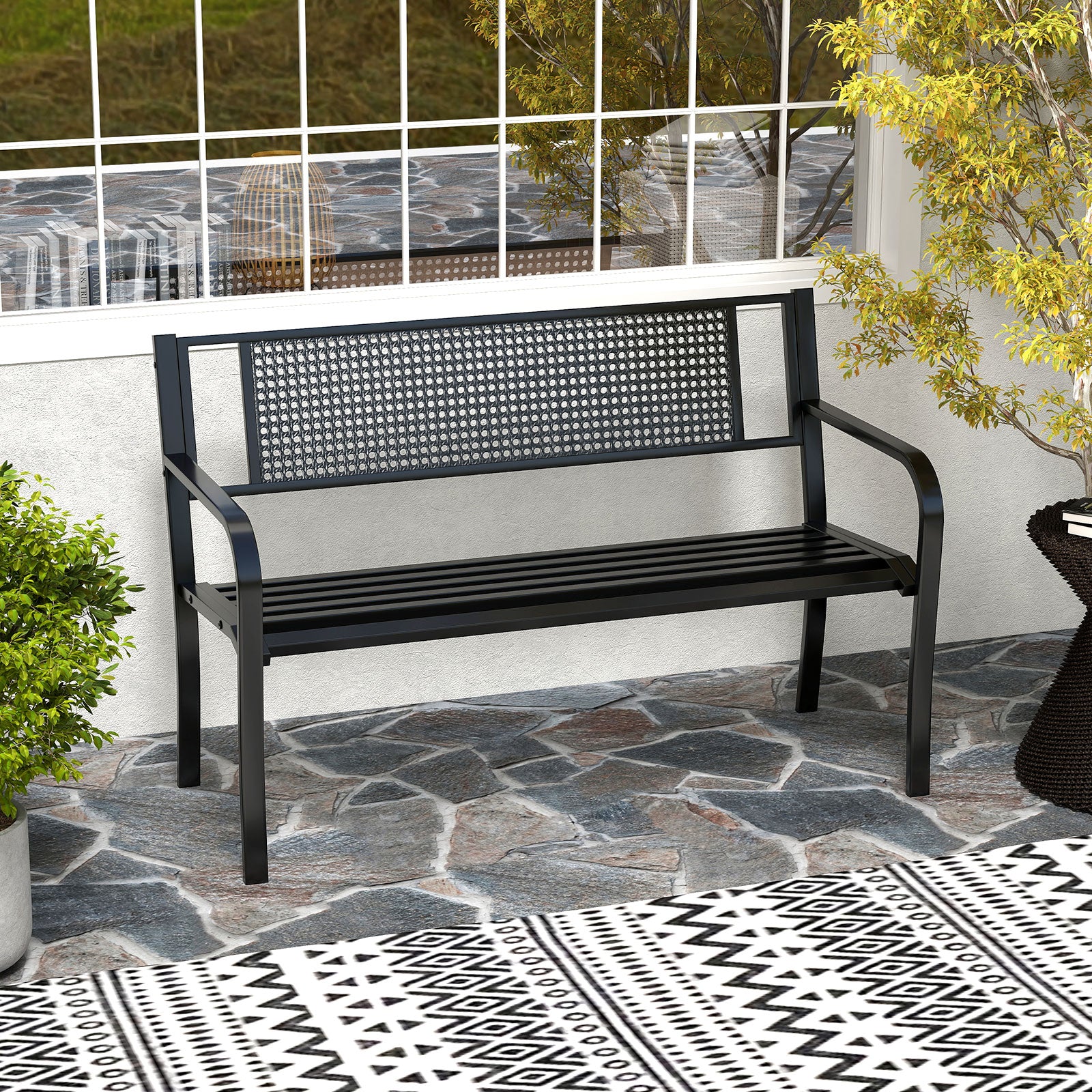 2-3-Persons Outdoor Garden Bench with Patterned Backrest and Curved Armrests-Black