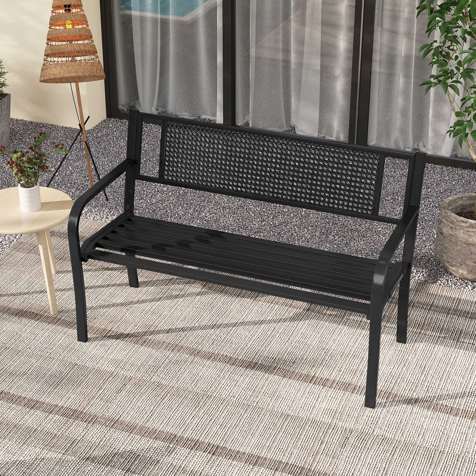 2-3-Persons Outdoor Garden Bench with Patterned Backrest and Curved Armrests-Black