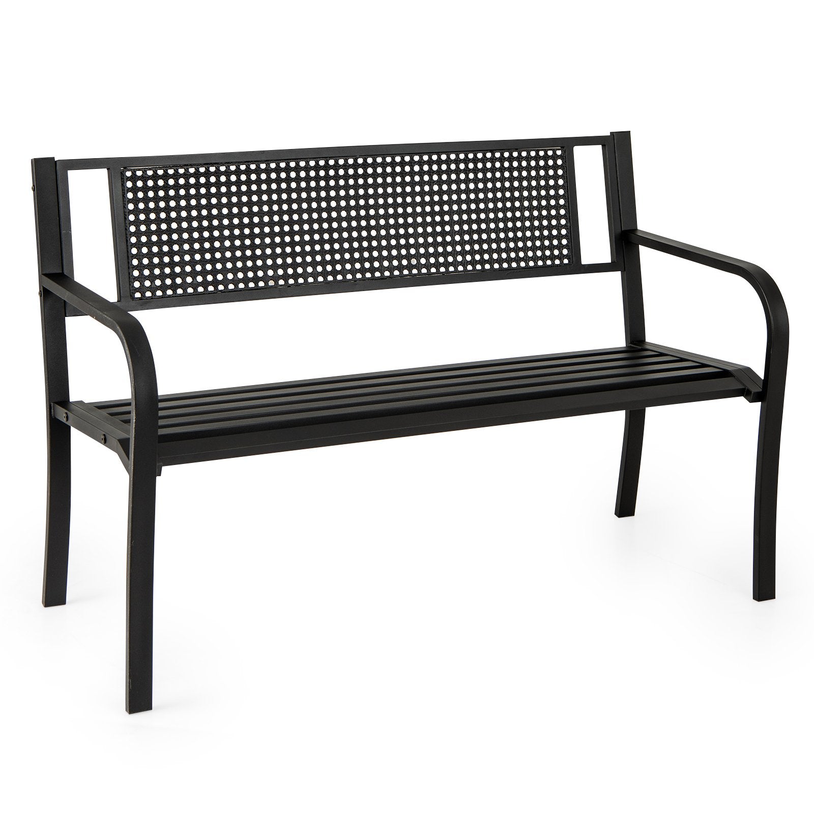 2-3-Persons Outdoor Garden Bench with Patterned Backrest and Curved Armrests-Black