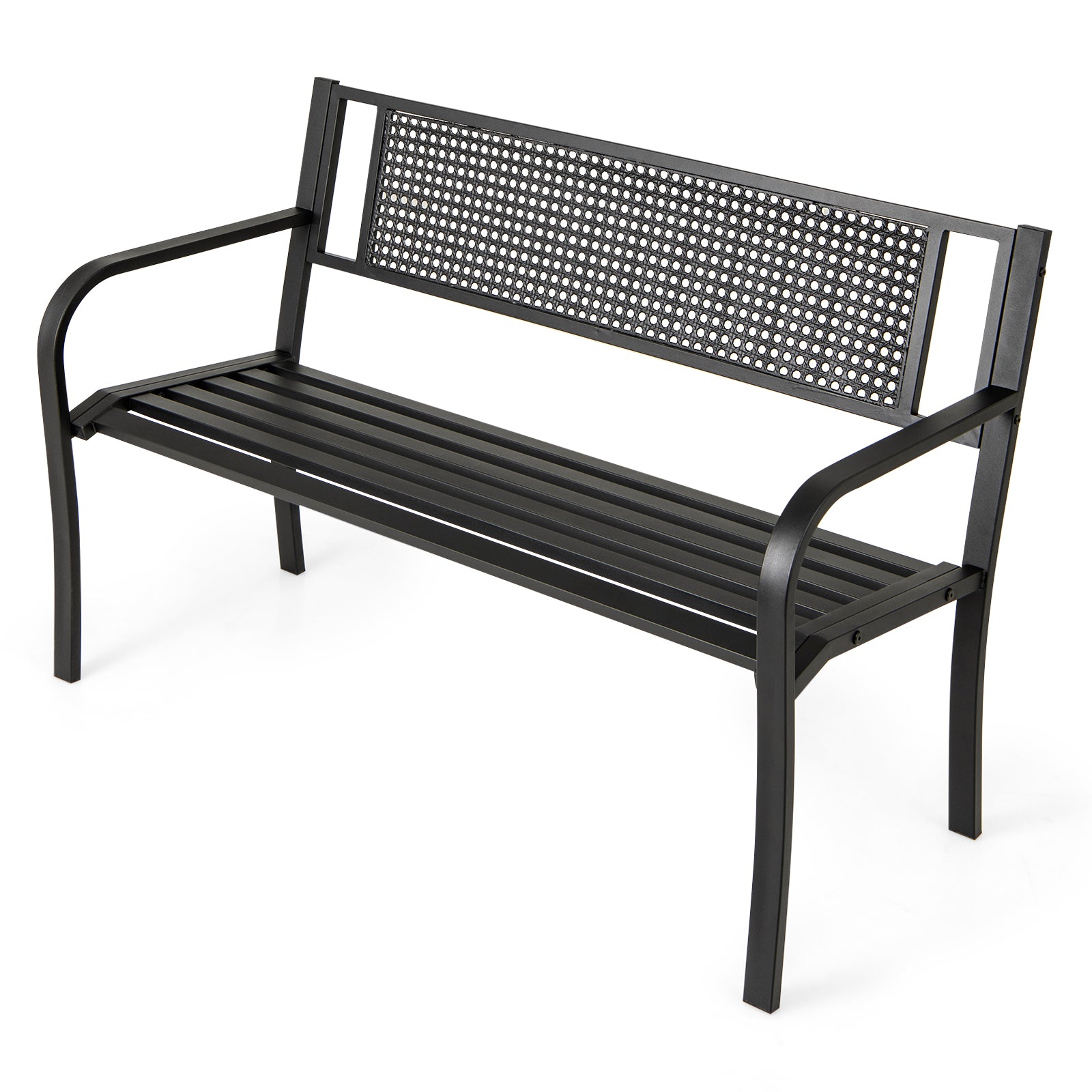 2-3-Persons Outdoor Garden Bench with Patterned Backrest and Curved Armrests-Black
