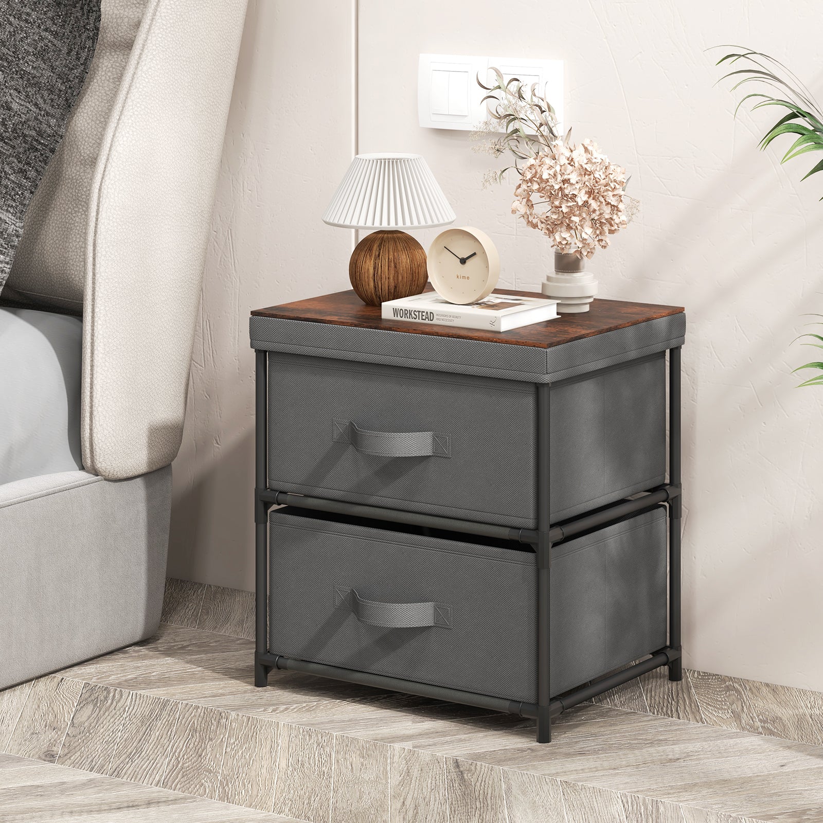 2-Drawer Nightstand Bedside Table with Removable Lid for Bedroom, Living Room-Grey