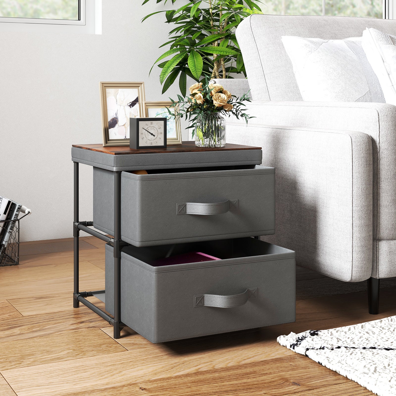 2-Drawer Nightstand Bedside Table with Removable Lid for Bedroom, Living Room-Grey