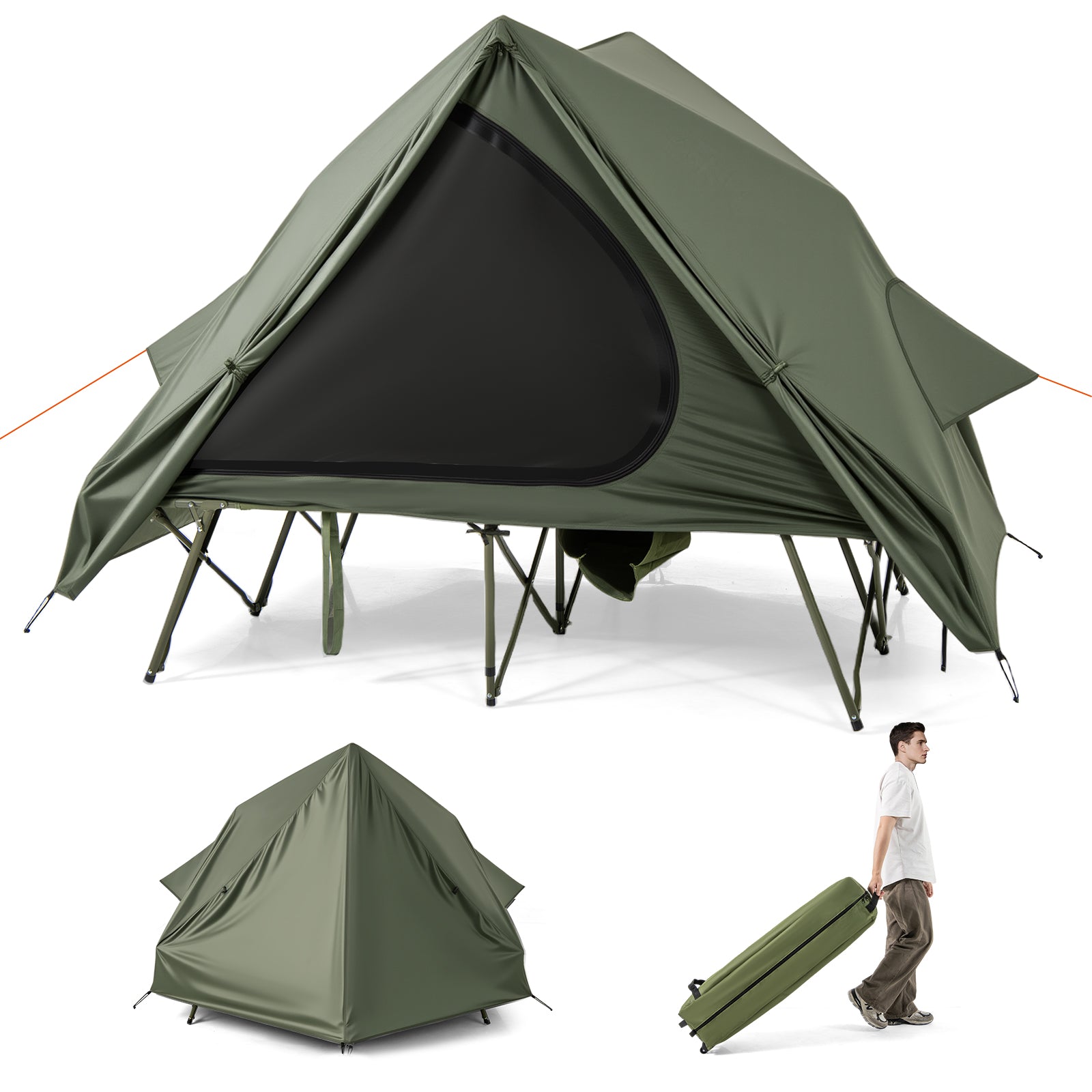 2-Person Foldable Off-Ground Camping Cot Tent with Wheeled Bag-Green