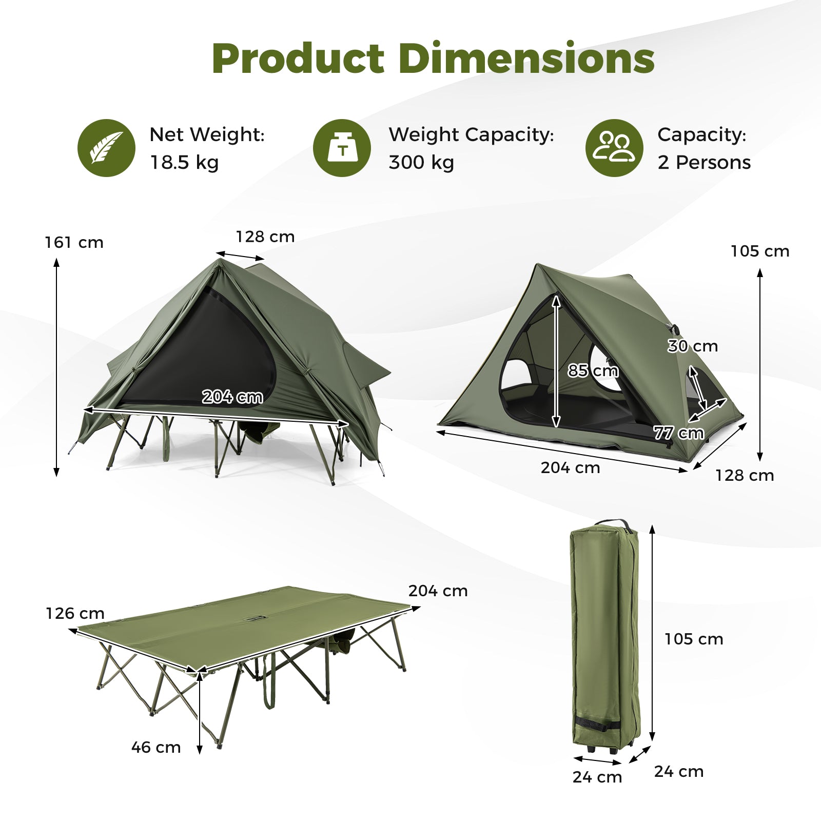 2-Person Foldable Off-Ground Camping Cot Tent with Wheeled Bag-Green