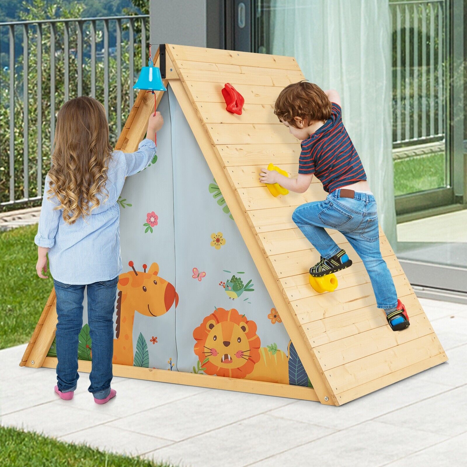 2-in-1 Children Climbing Playhouse with Front Bell and Window
