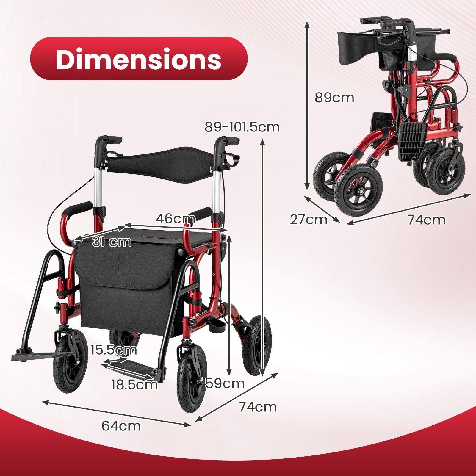 2-in-1 Foldable Rollator Walker with Seat and Pneumatic Tires for All Terrain-Red