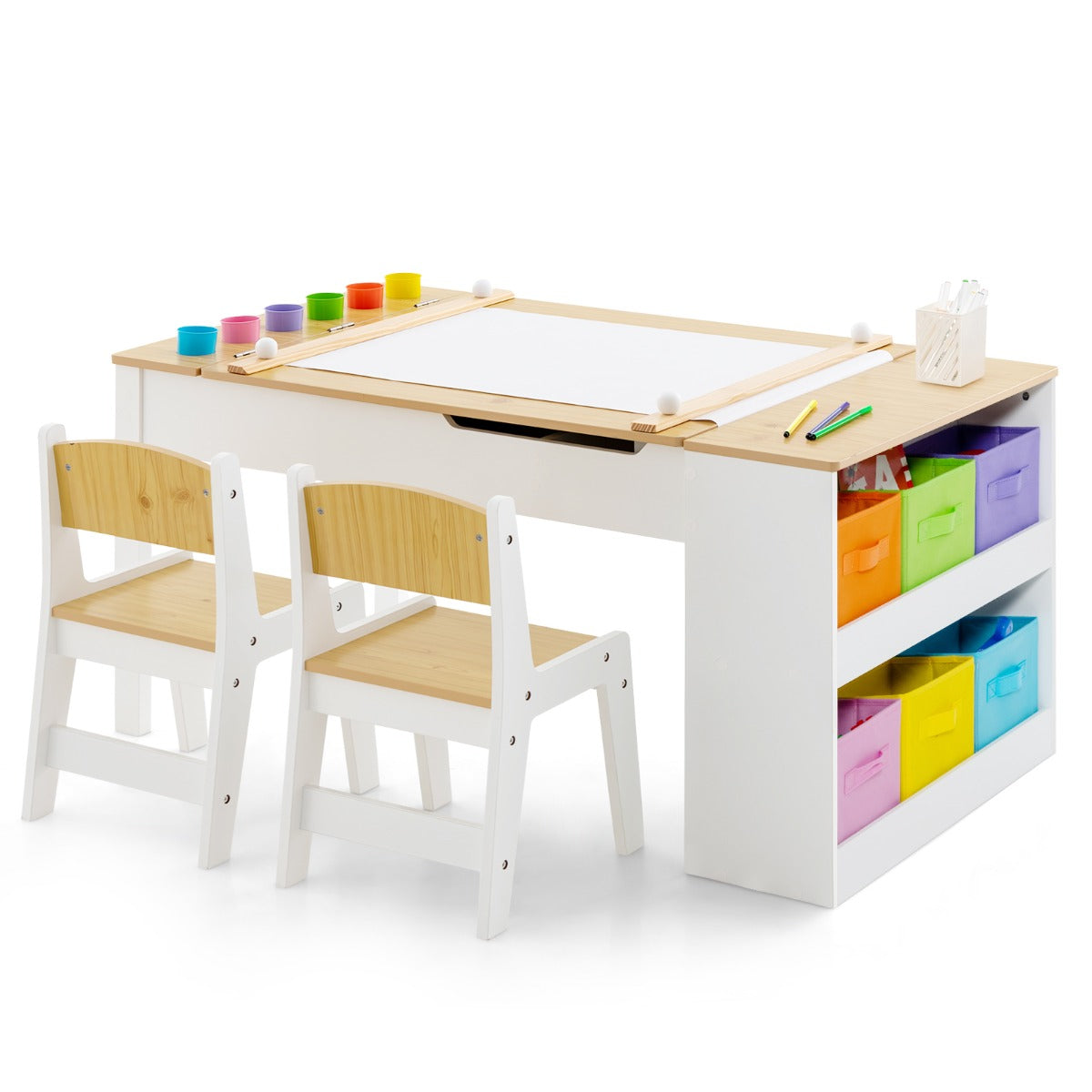2-in-1 Kids Art Table Set with Chairs-Natural