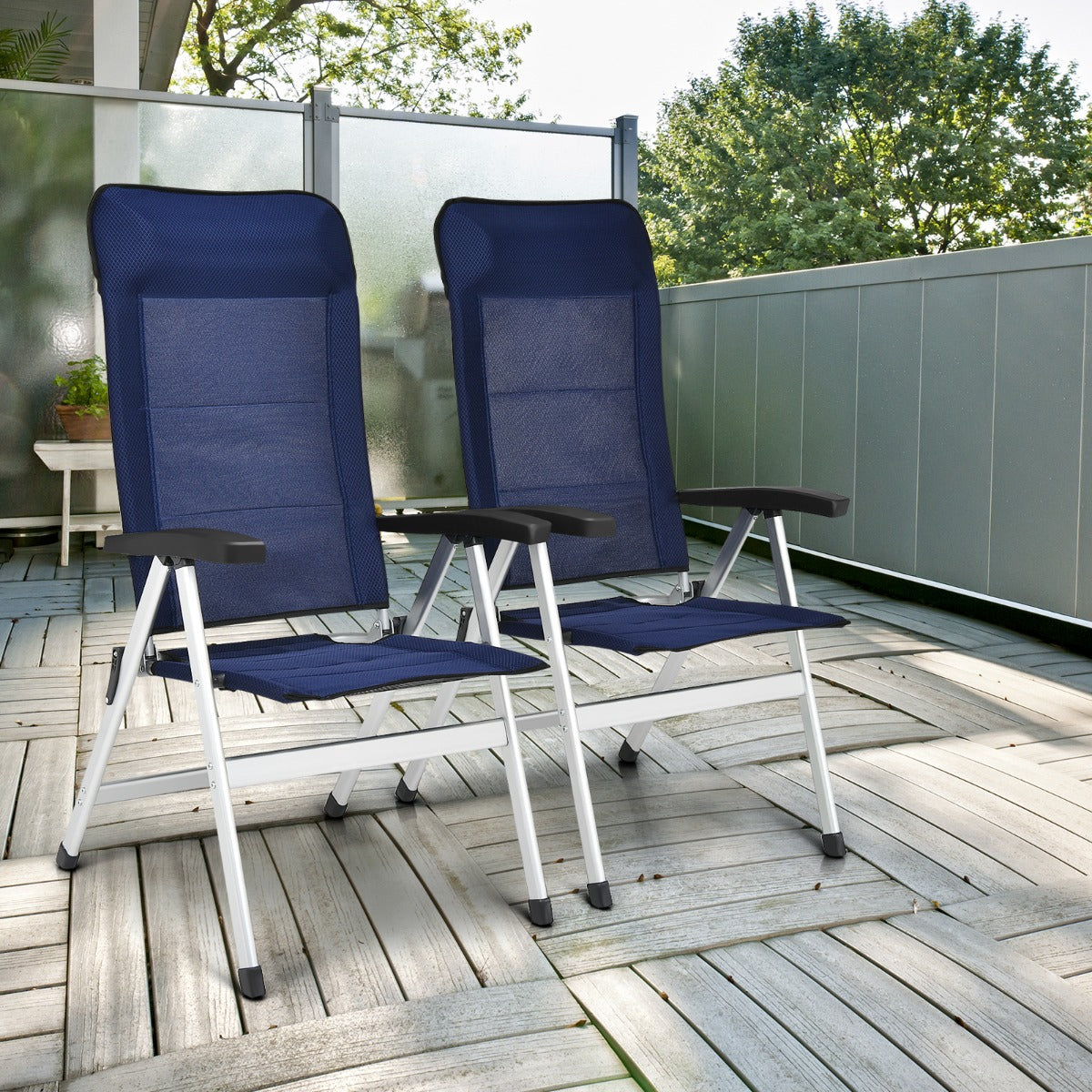 2-Piece Patio Portable Folding Lounge Chair with Raised Backrest-Navy