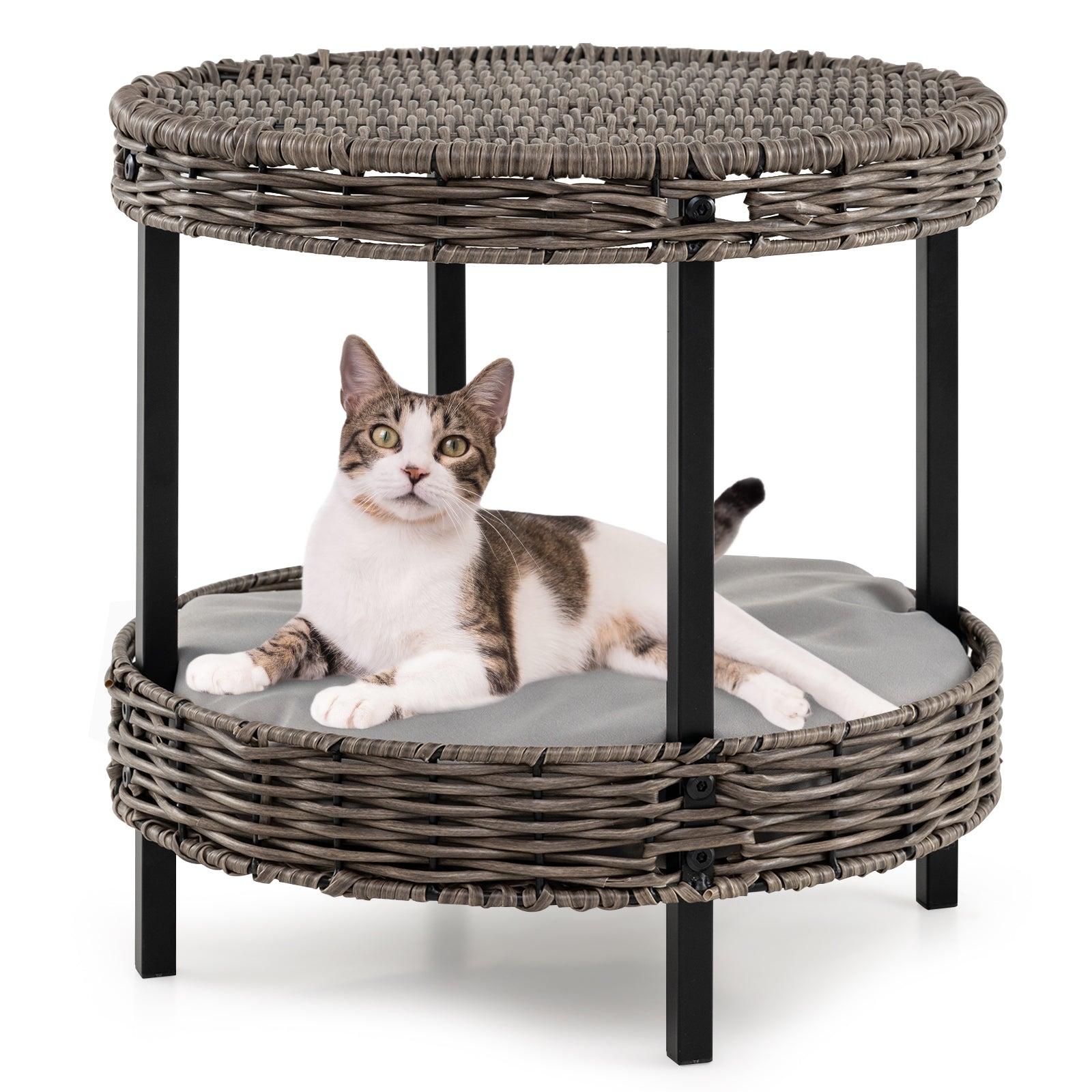 2-tier Rattan Cat Nest Wicker Kitten House Indoor and Outdoor Elevated Pet Shelter-Grey