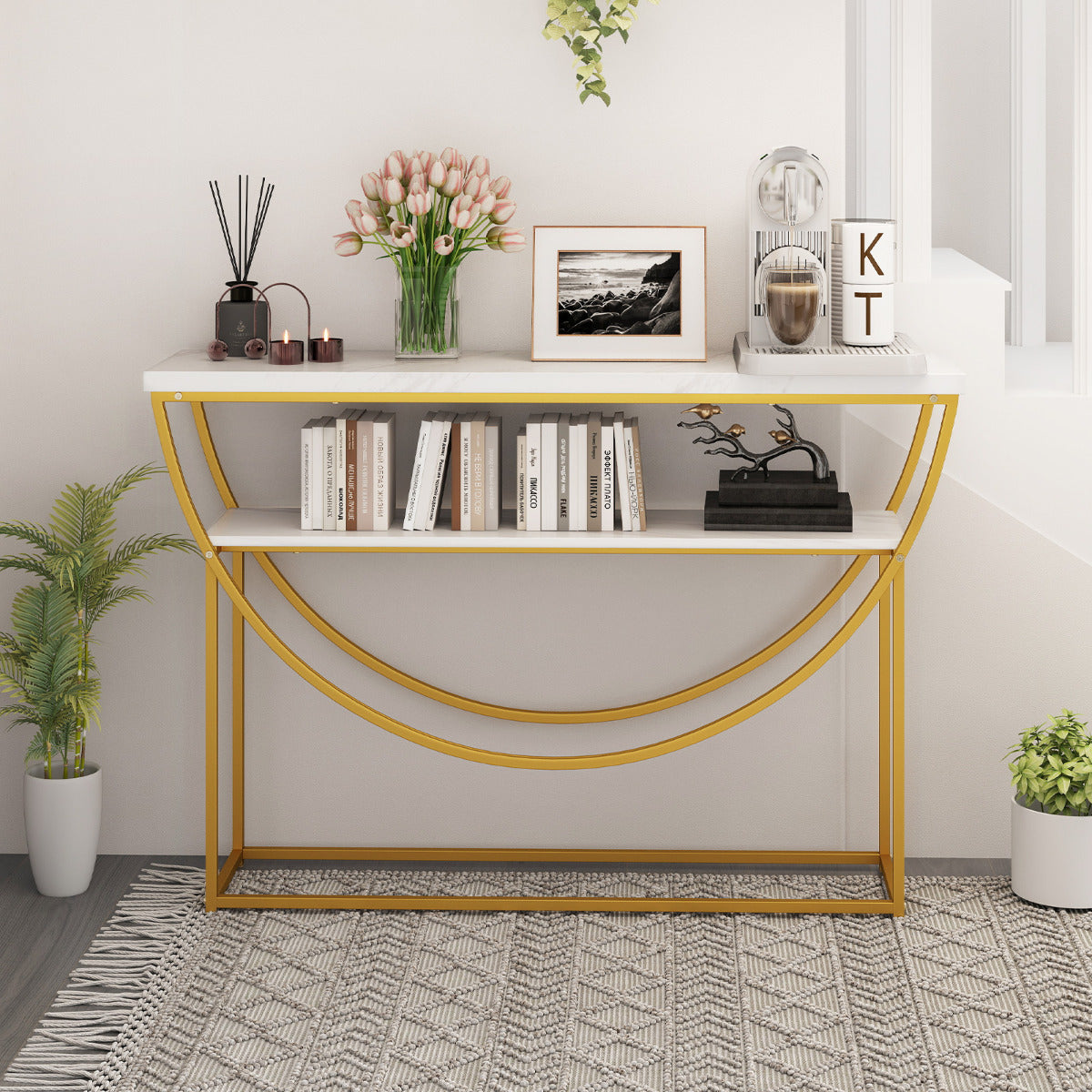 2-Tier Faux Marble Top Console Table with Storage Shelf-White & Golden
