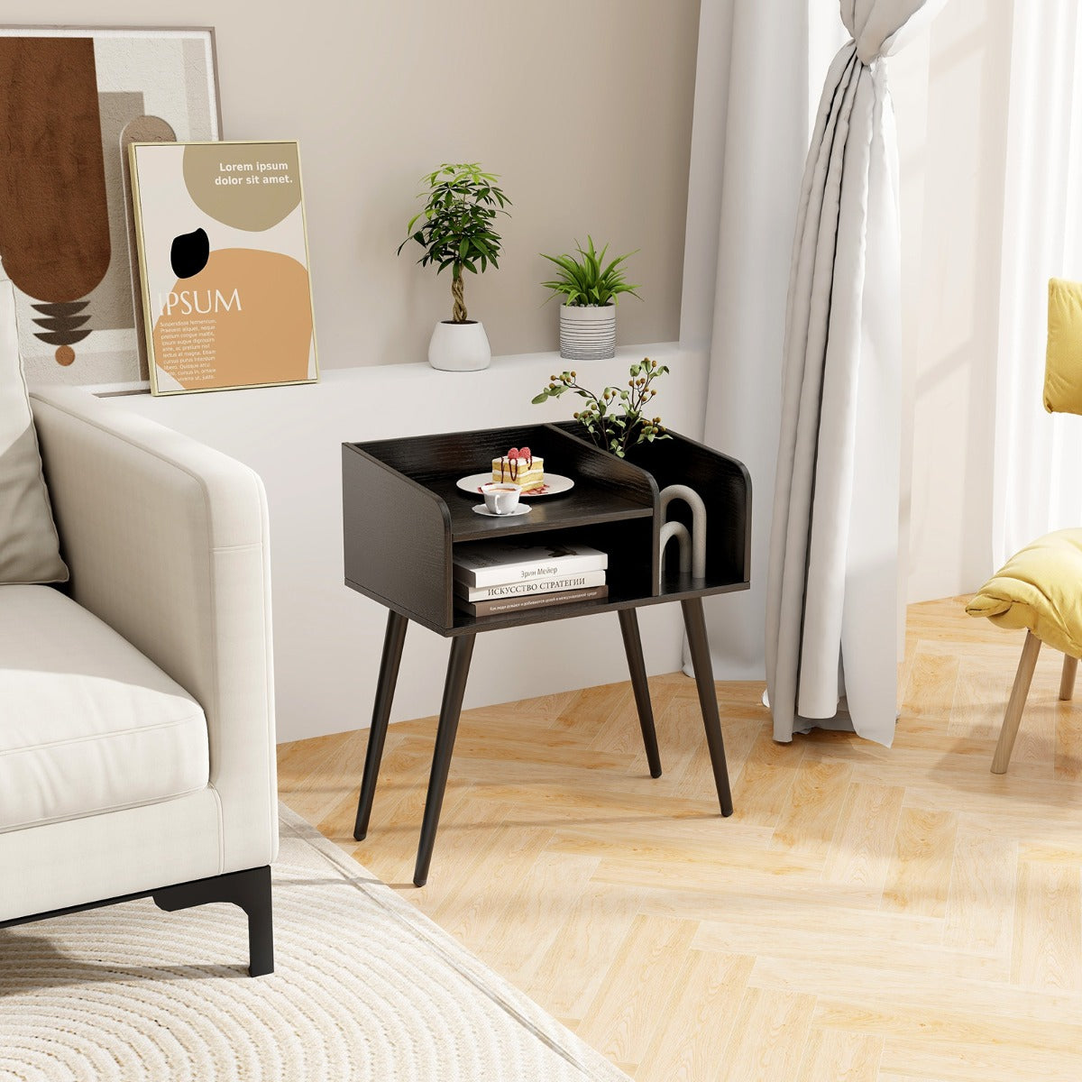 2-Tier Mid Century Modern Nightstand with Open Shelves-Black