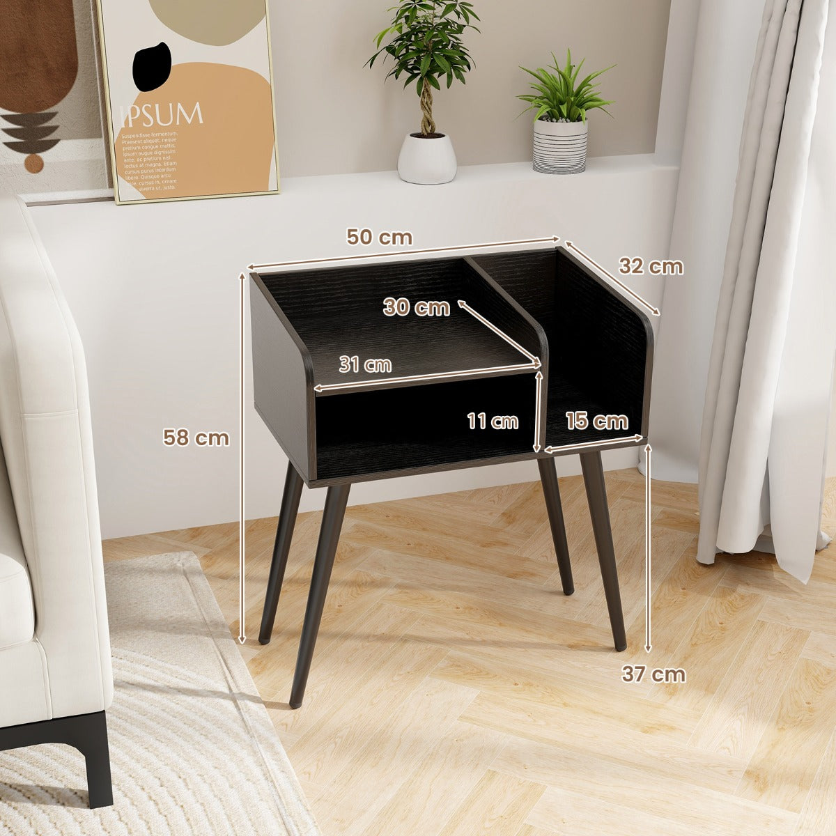 2-Tier Mid Century Modern Nightstand with Open Shelves-Black