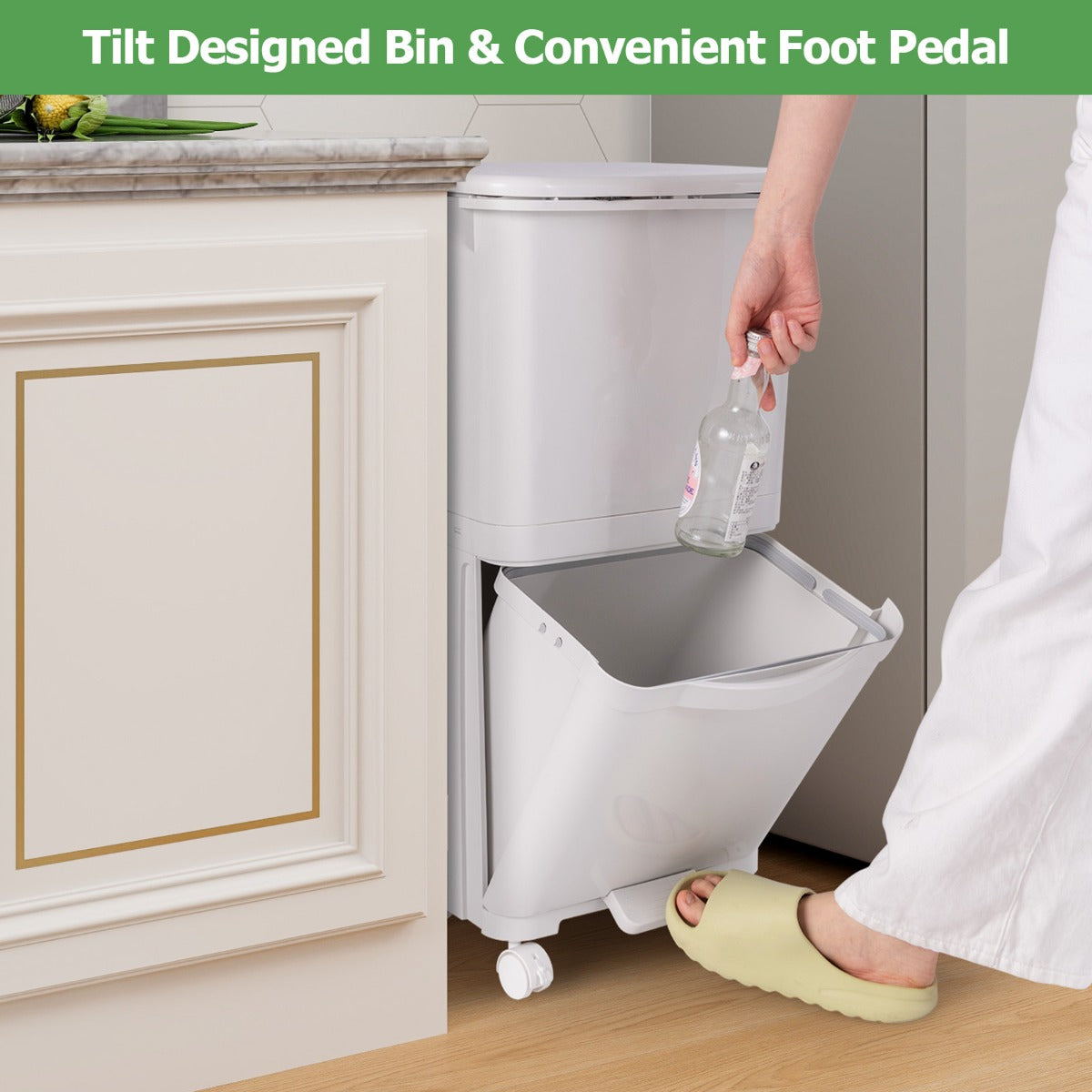 2-Tier Trash Can with Tilt-Designed Bottom Bin and Lockable Wheels