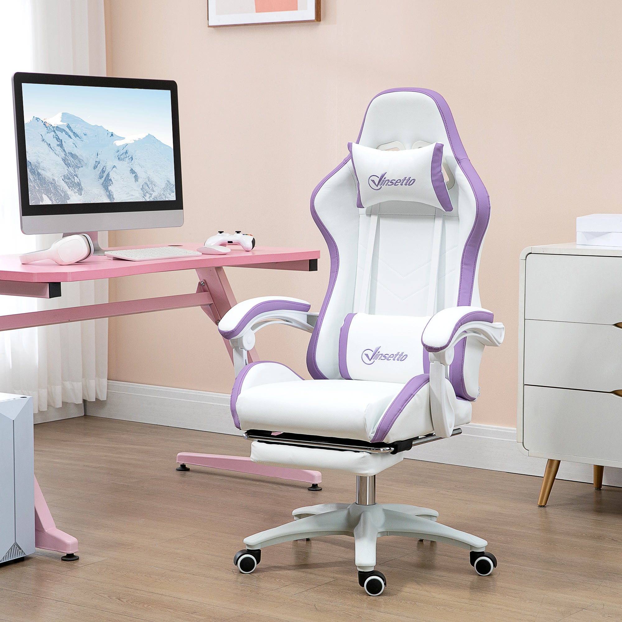Vinsetto Computer Gaming Chair, PU Leather Office Desk Chair with Footrest, Swivel Wheels, 135√Ç¬∞ Reclining Back, Lumbar Support, Headrest for Home, White and Purple