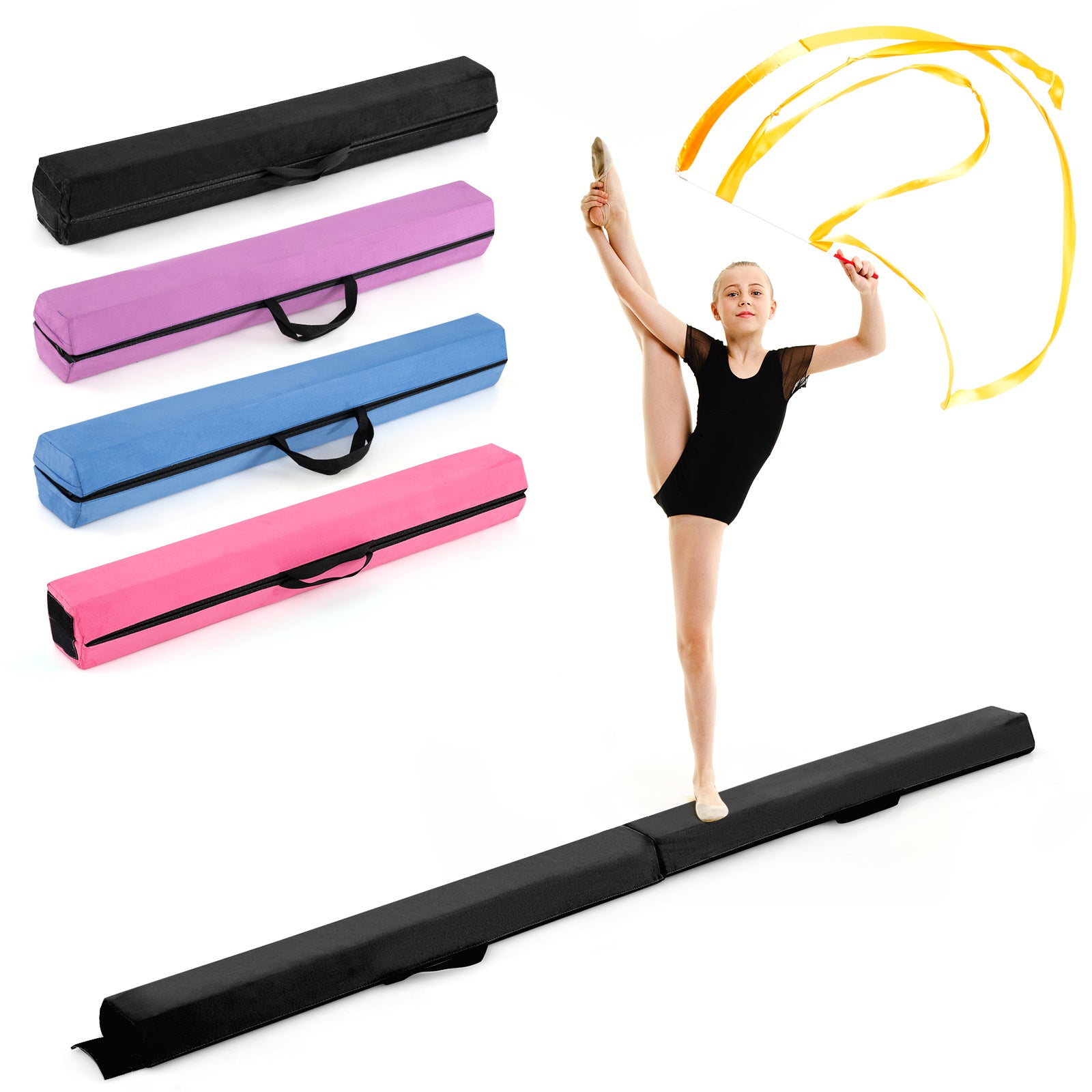 210 CM Folding Balance Beam with Removable Suede Cover and Non-slip Bottom for Kids-Black
