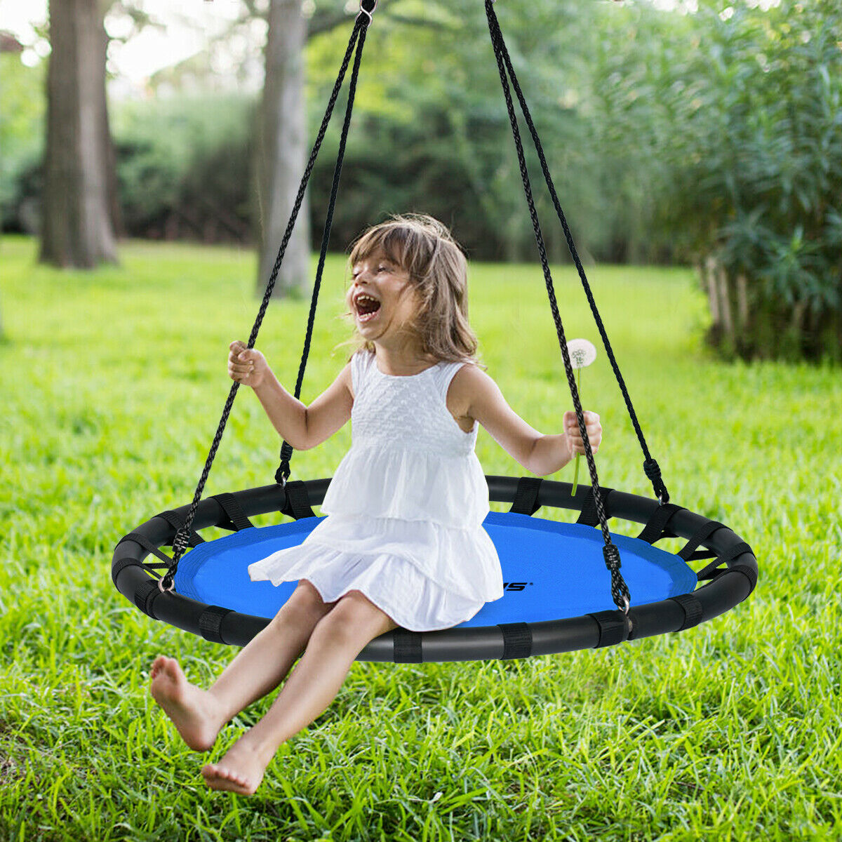 Kids Round Tree Swing with Adjustable Ropes and Hook Rings-Blue
