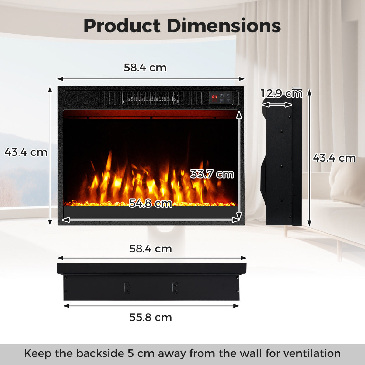 23 Inches Electric Fireplace Insert 750W/1500W Fireplace Heater