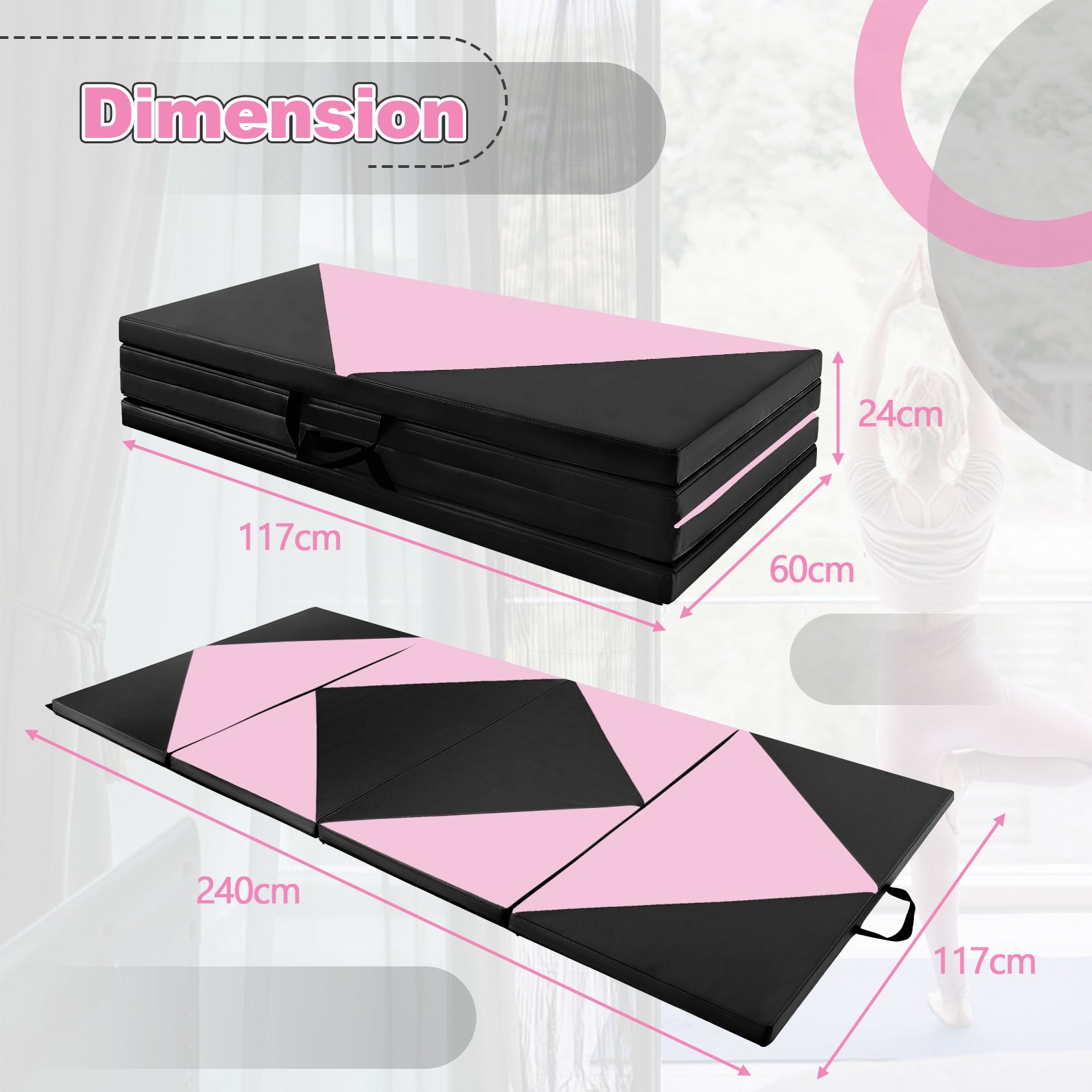 240cm PU Leather Folding Gymnastics Mat-Pink & Black