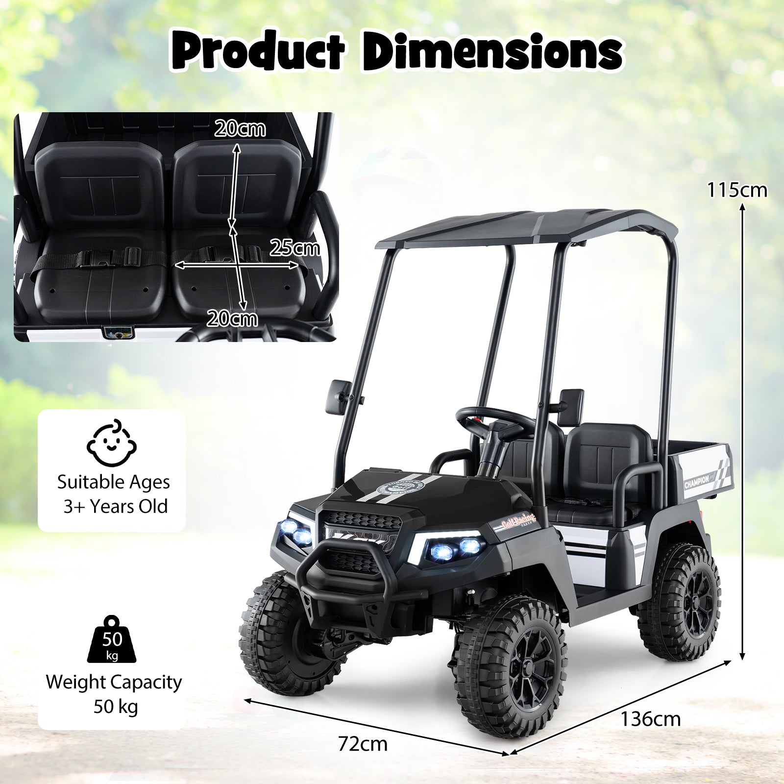 24V Kids Golf Cart 4WD 2 Seater Ride on Car with Dump Bed-Black