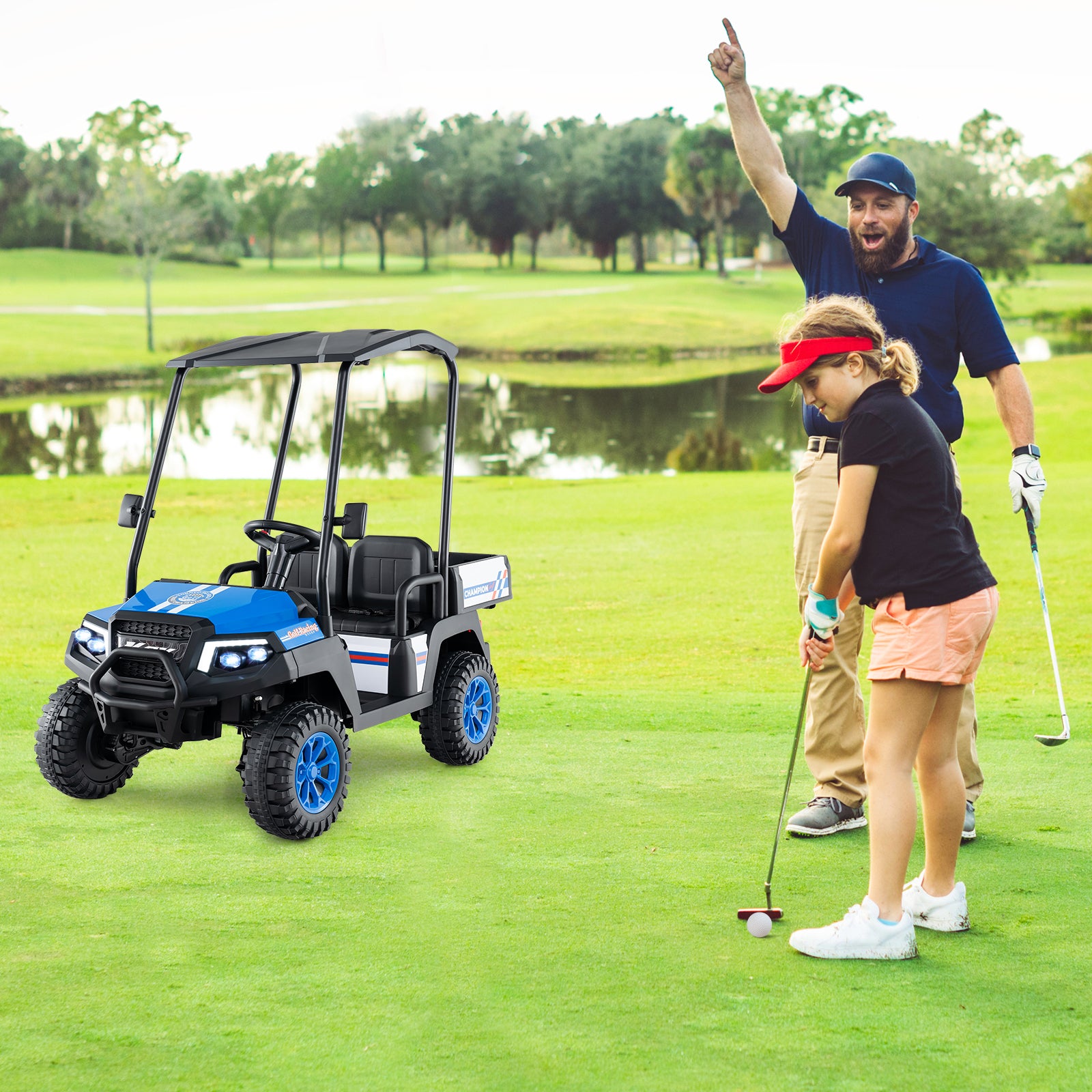 24V Kids Golf Cart 4WD 2 Seater Ride on Car with Dump Bed-Navy