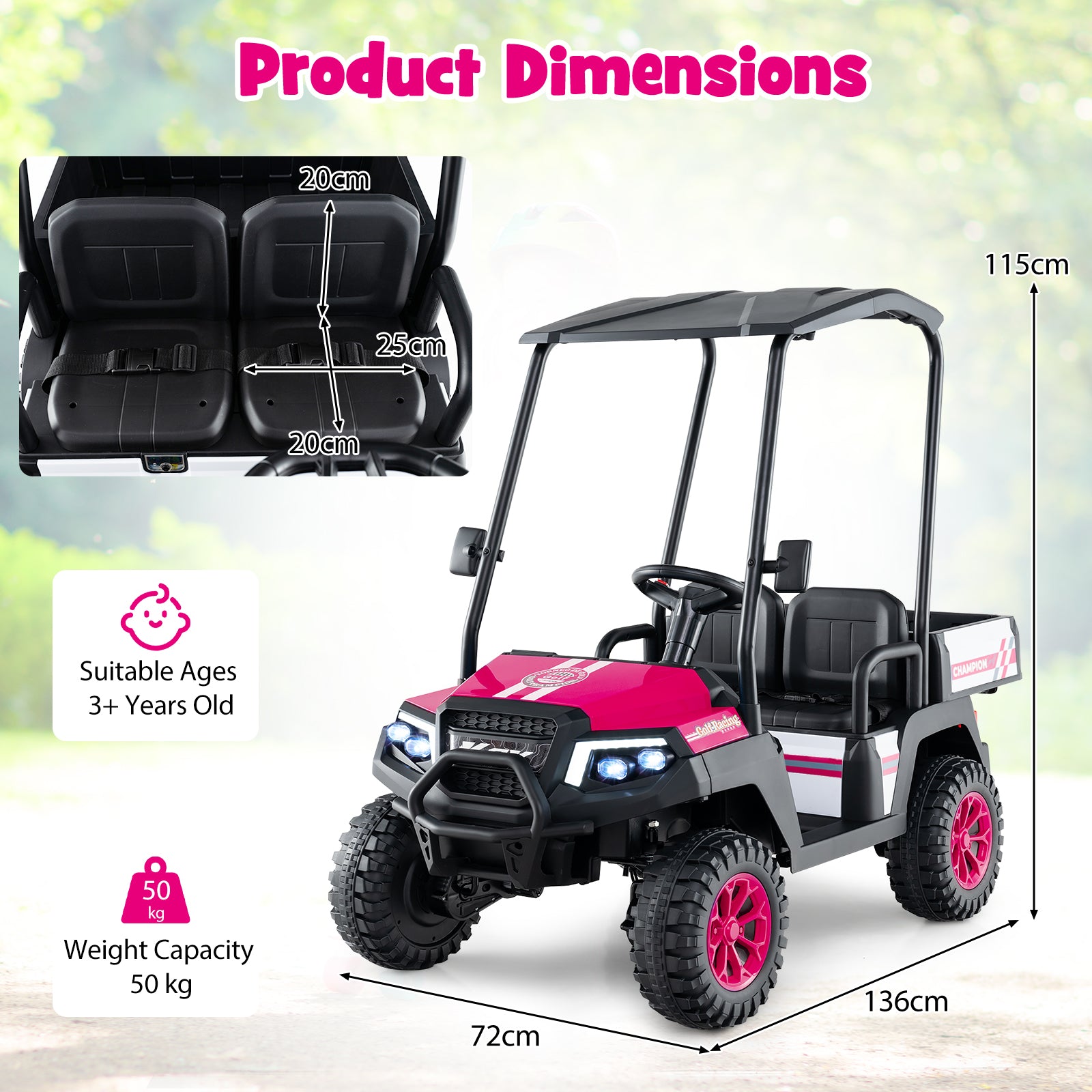 24V Kids Golf Cart 4WD 2 Seater Ride on Car with Dump Bed-Pink