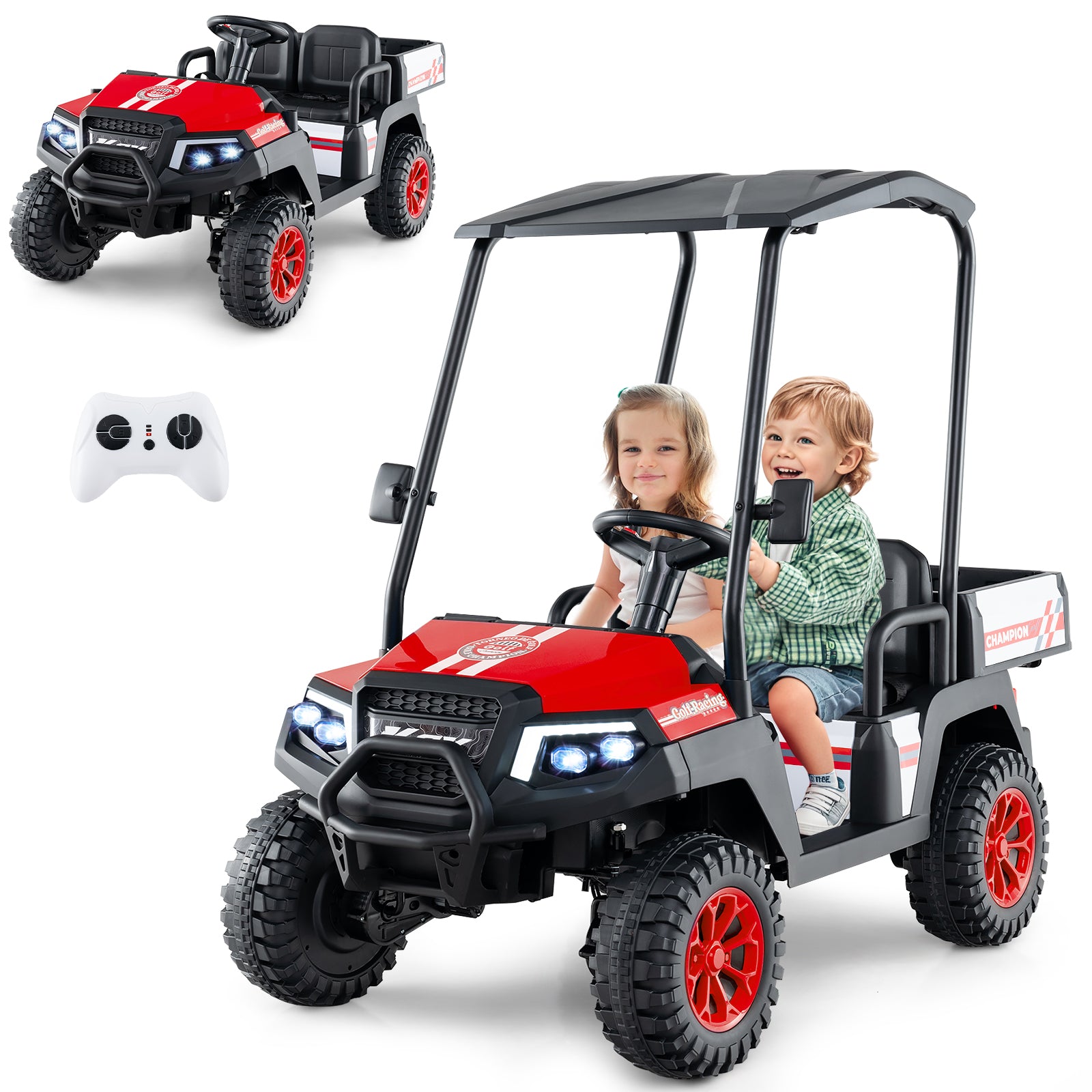 24V Kids Golf Cart 4WD 2 Seater Ride on Car with Dump Bed-Red