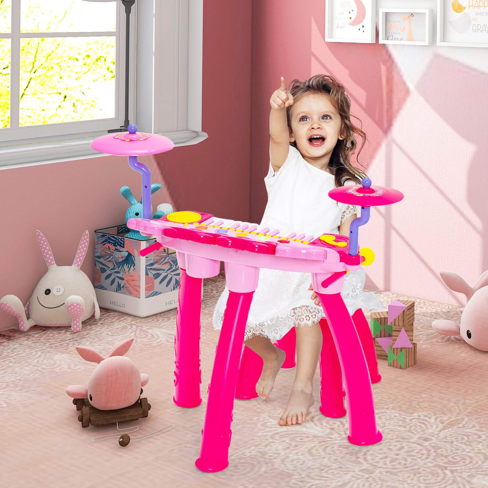 24 Keys Piano Keyboard Drum Set with Stool and Microphone for Kids-Pink