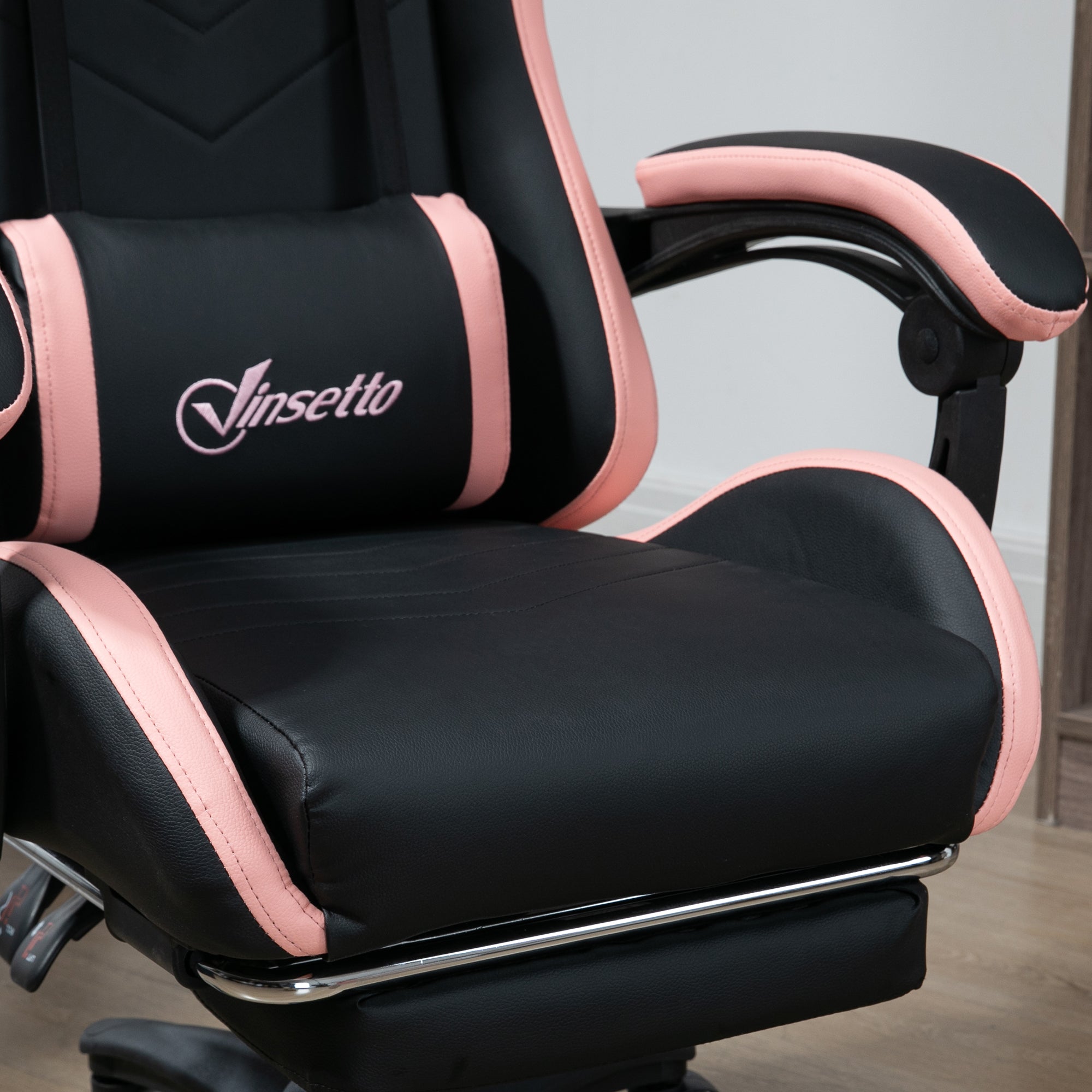 Vinsetto Computer Gaming Chair, PU Leather Office Desk Chair with Footrest, Swivel Wheels, 135√Ç¬∞ Reclining Back, Lumbar Support, Headrest for Home, Black and Pink