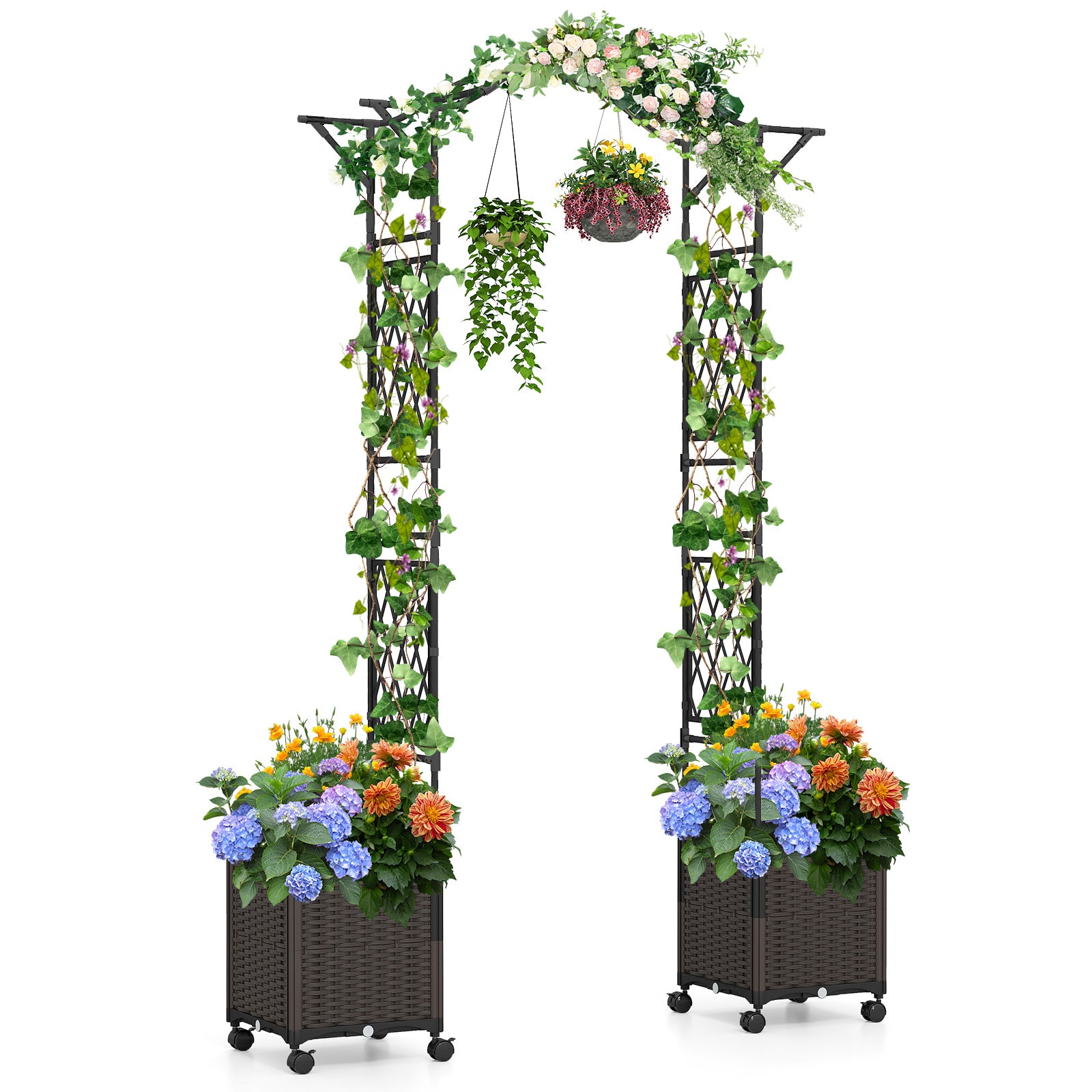 207 x 250 cm Garden Arch Trellis with 2 Self-Watering Planter Boxes-Black