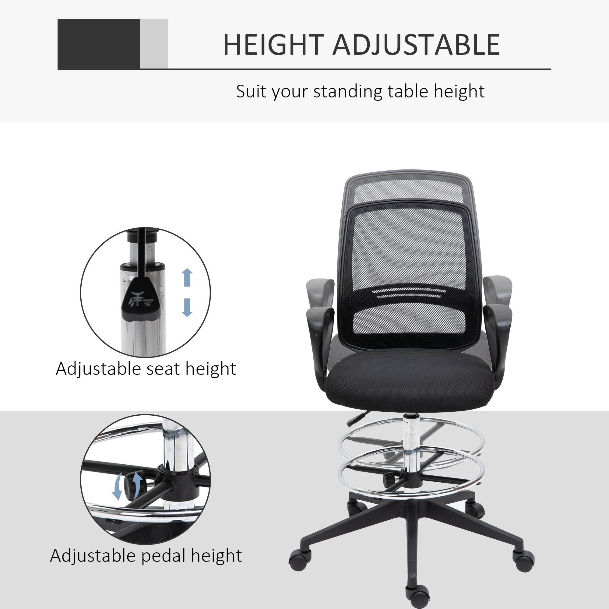 Vinsetto Ergonomic Mesh Back Draughtsman Chair, Tall Standing Desk Chair with Adjustable Height and Footrest 360√Ç¬∞ Swivel, Black