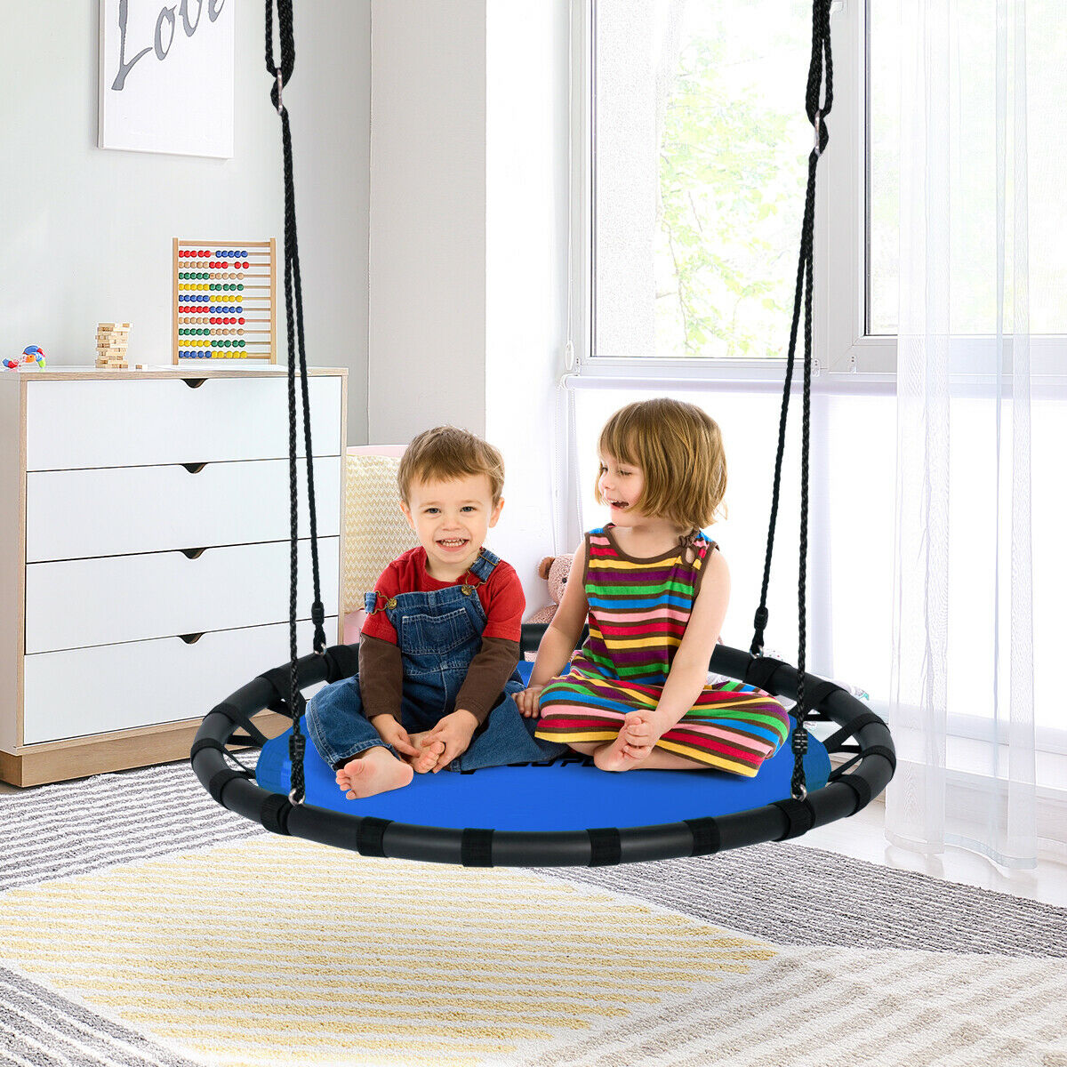 Kids Round Tree Swing with Adjustable Ropes and Hook Rings-Blue