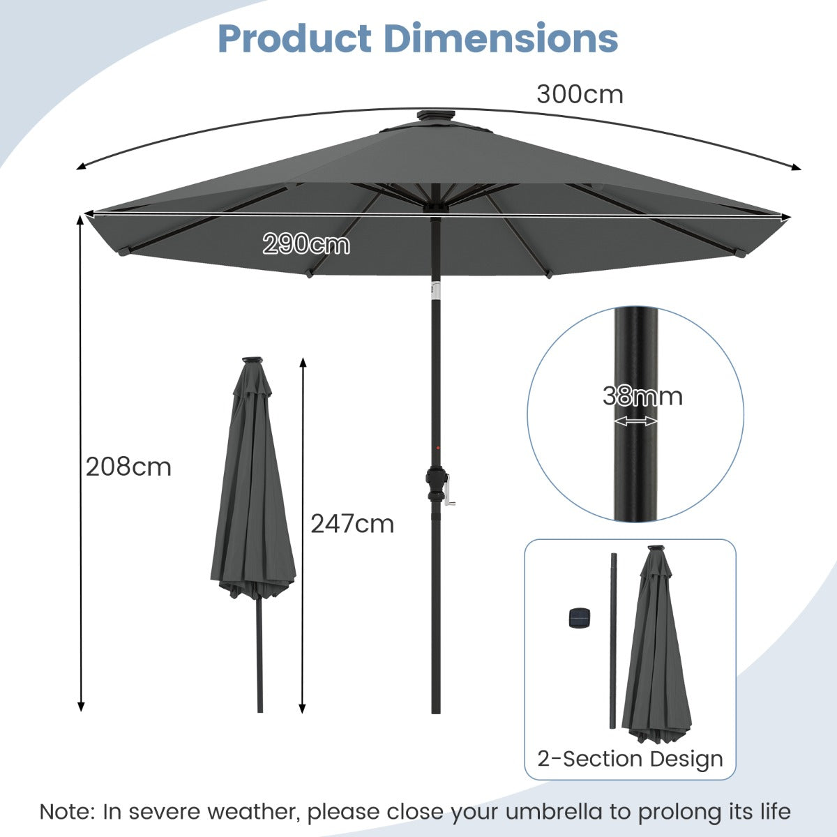 290 cm Solar Patio Umbrella with 96 LED Lights and 9 Modes-Grey