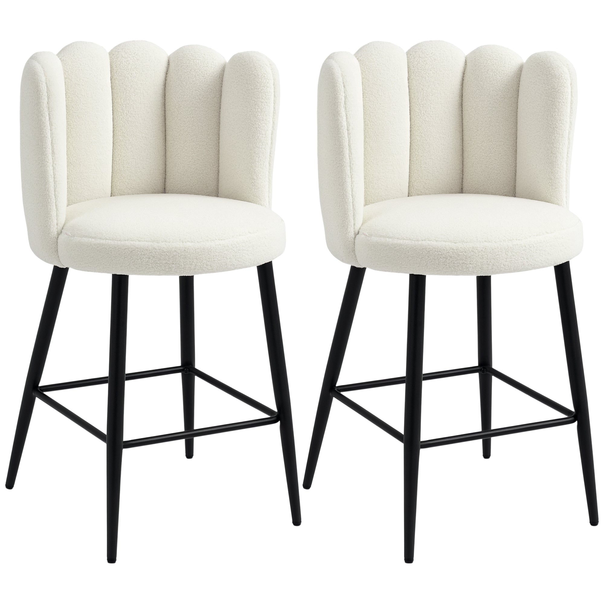 HOMCOM Bar Stools Set of 2, Faux Cashmere Upholstered Breakfast Bar Chairs, Modern Kitchen Stools with Backs, Footrest and Steel Base, Cream