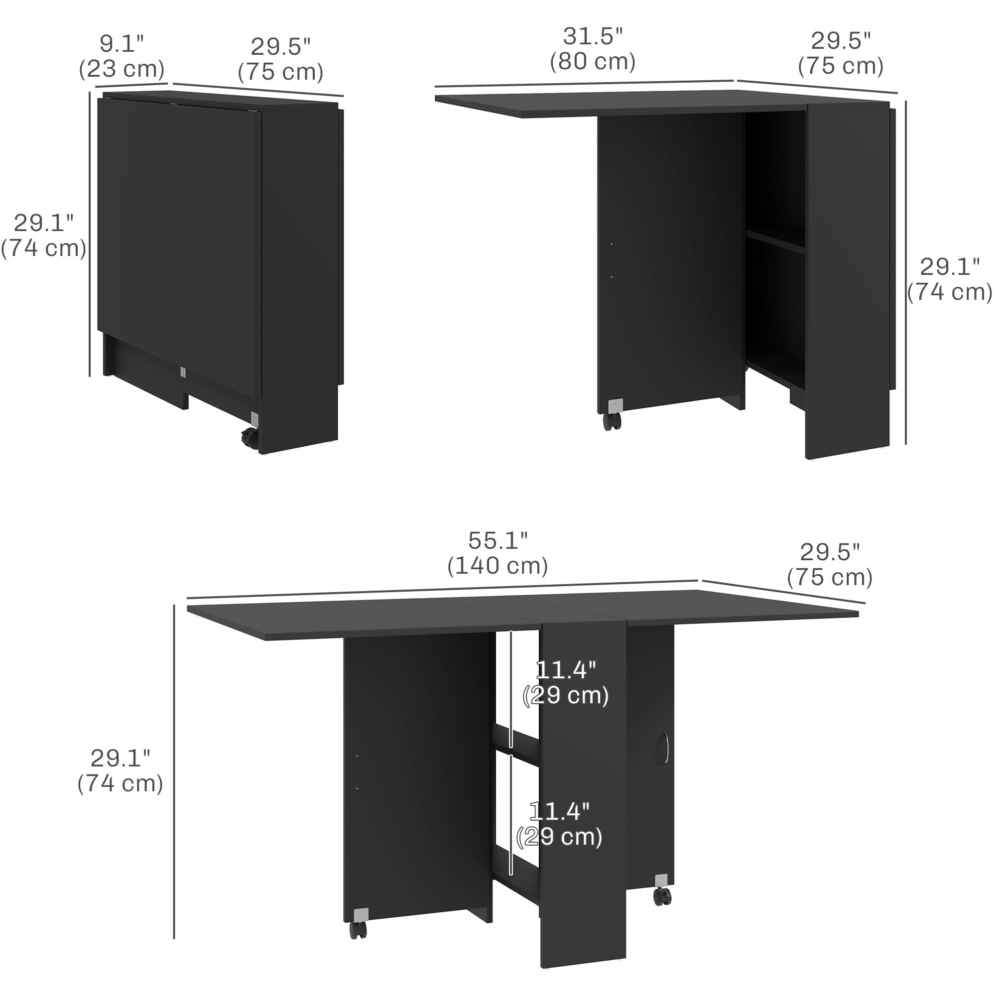HOMCOM Foldable Dining Table, Extendable Drop Leaf Table with 2-tier Shelves, Small Dinner Table with Rolling Casters