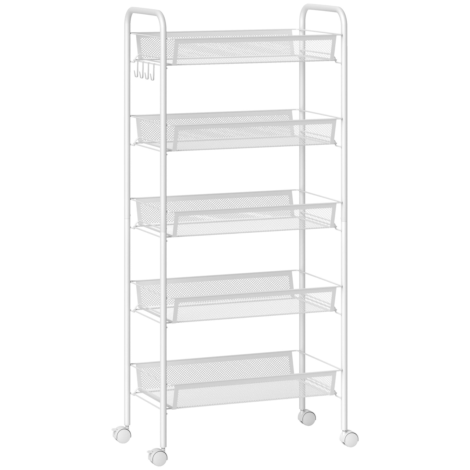HOMCOM Five-Steel Mesh Basket Storage Trolley, with Wheels - White