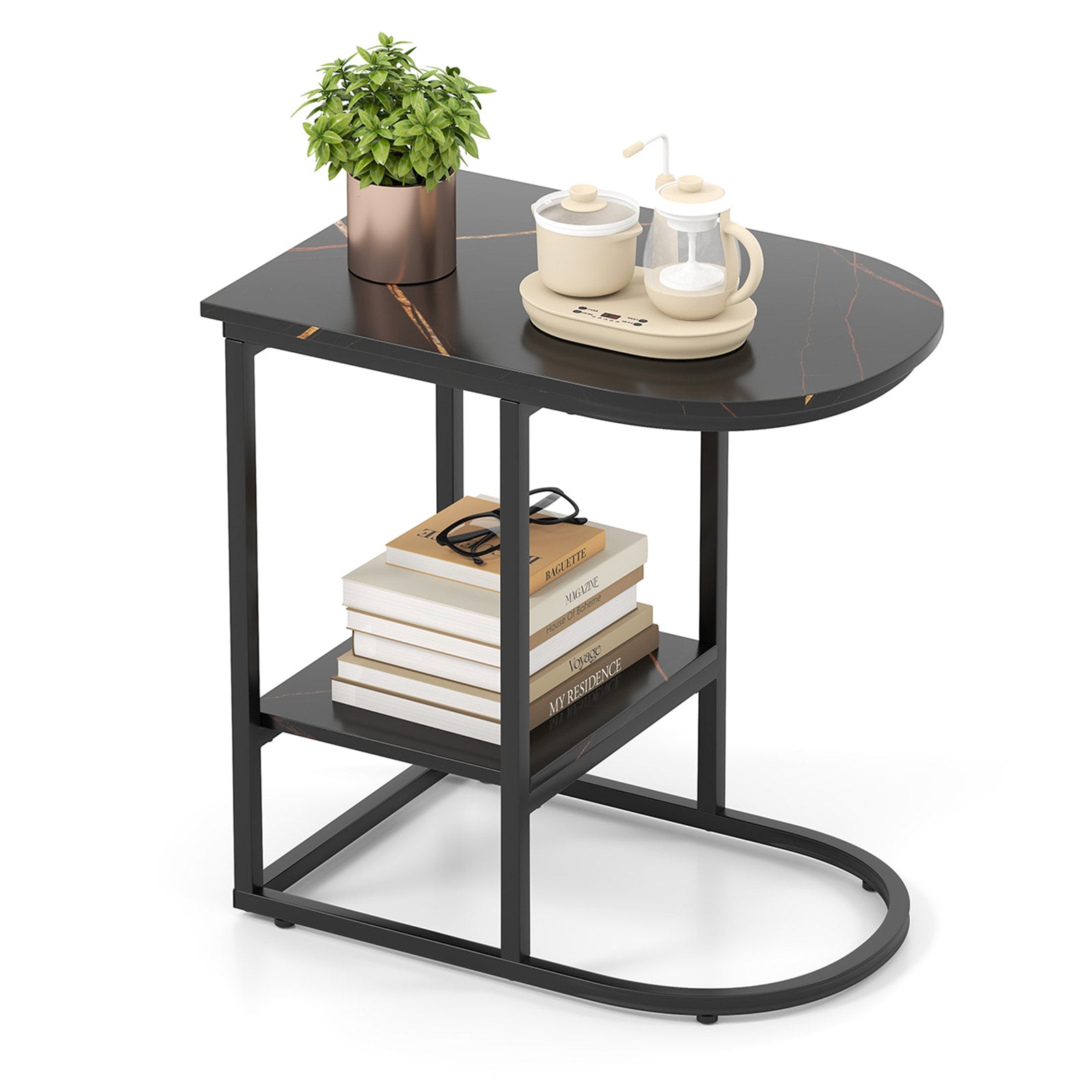 2-Tier C-shaped End Table Modern Sofa Side Table with Metal Frame-Black