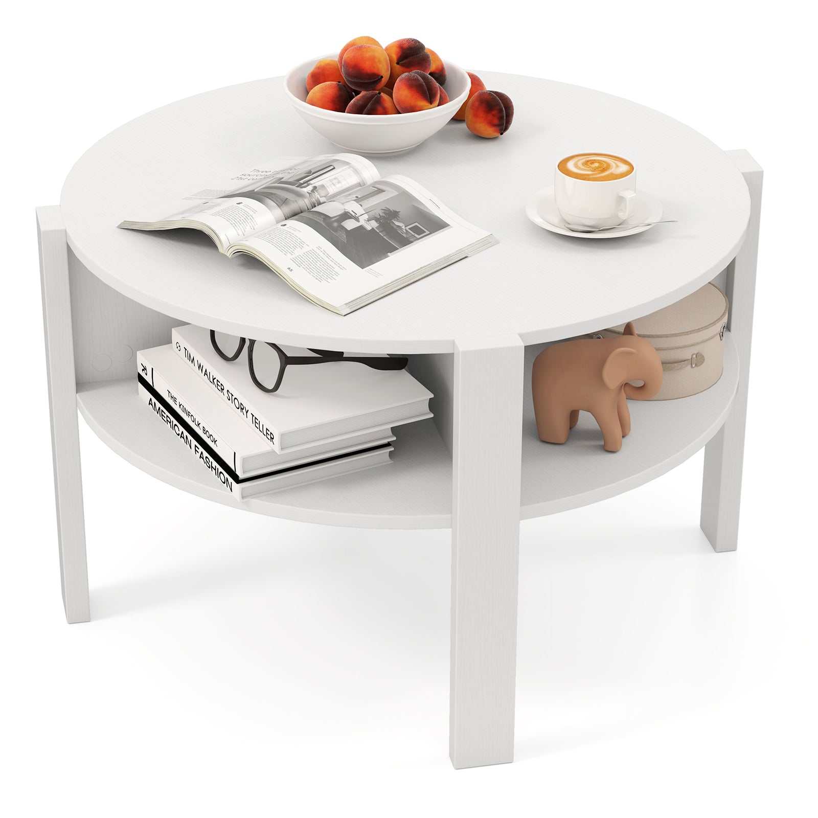 2-Tier Round Coffee Table with 4 Shelves-White