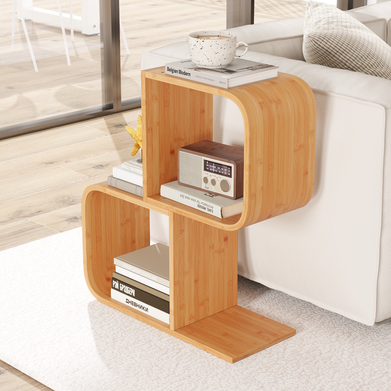 S-Shaped Bookcase Bamboo Bookshelf with 2 Open Cubes-2-Tier