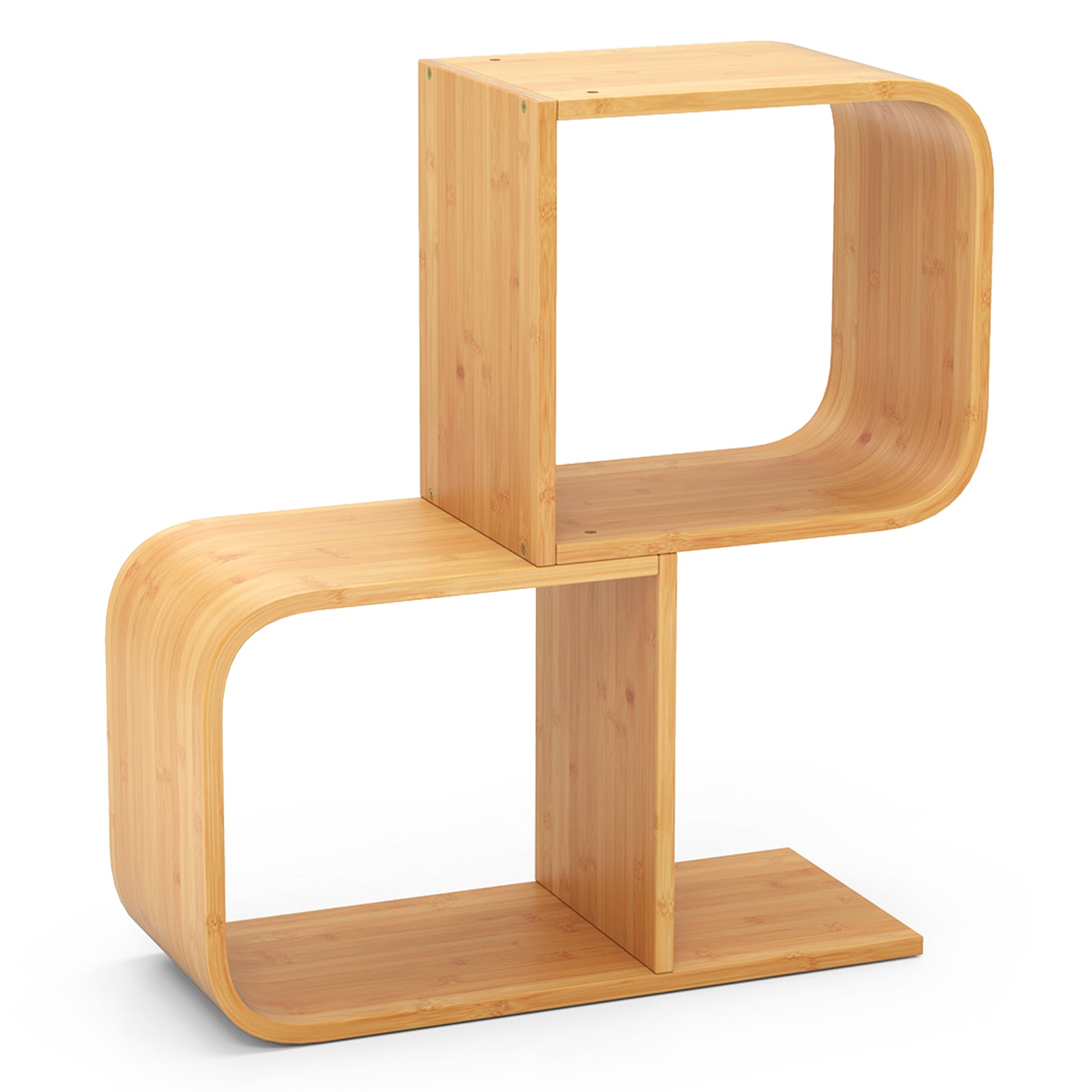 S-Shaped Bookcase Bamboo Bookshelf with 2 Open Cubes-2-Tier