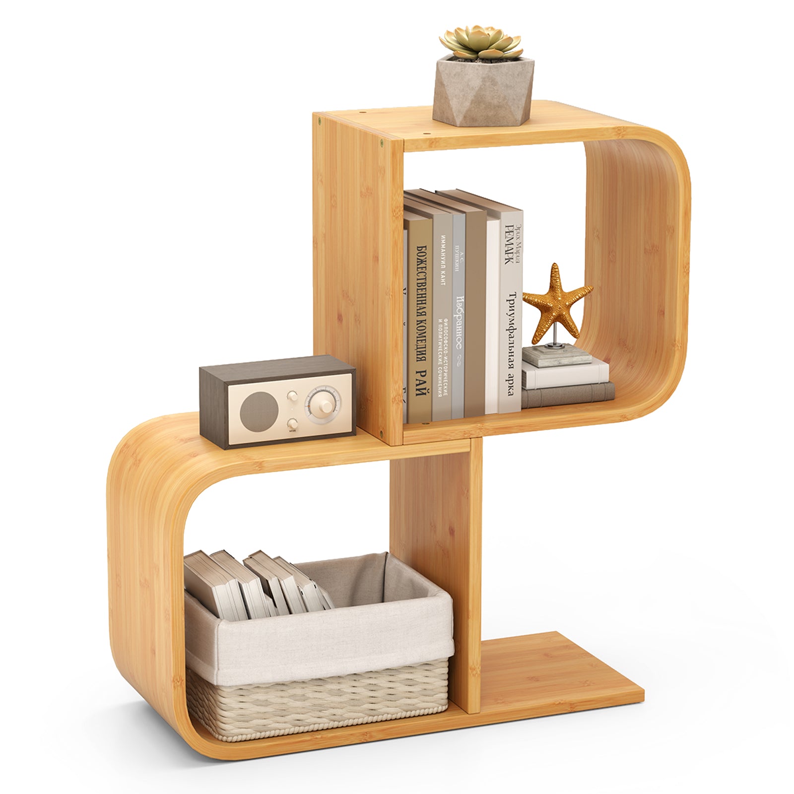 S-Shaped Bookcase Bamboo Bookshelf with 2 Open Cubes-2-Tier