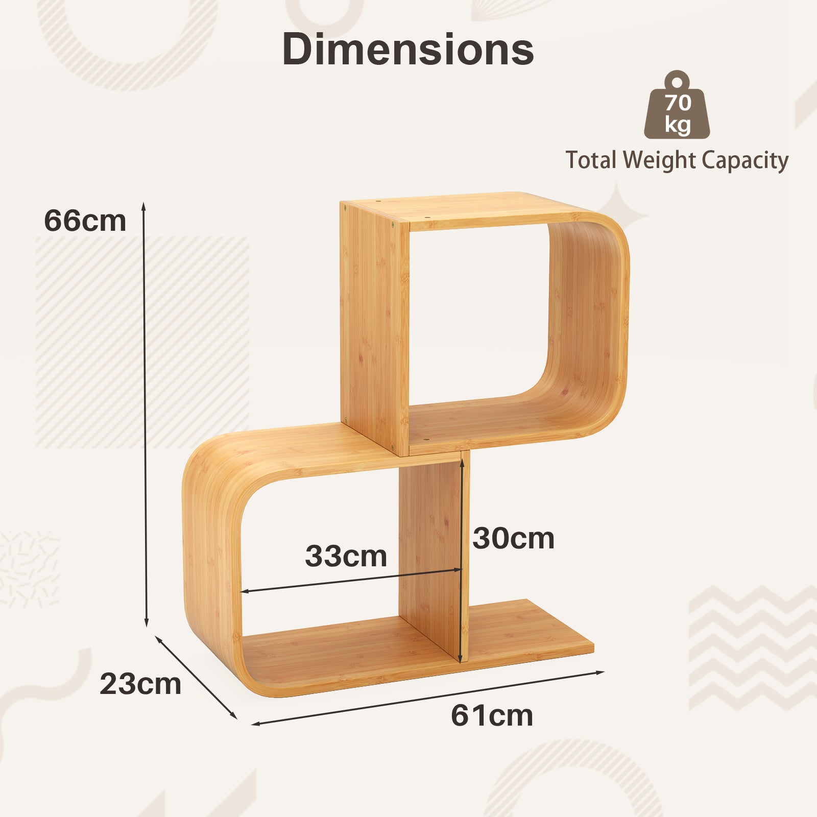 S-Shaped Bookcase Bamboo Bookshelf with 2 Open Cubes-2-Tier