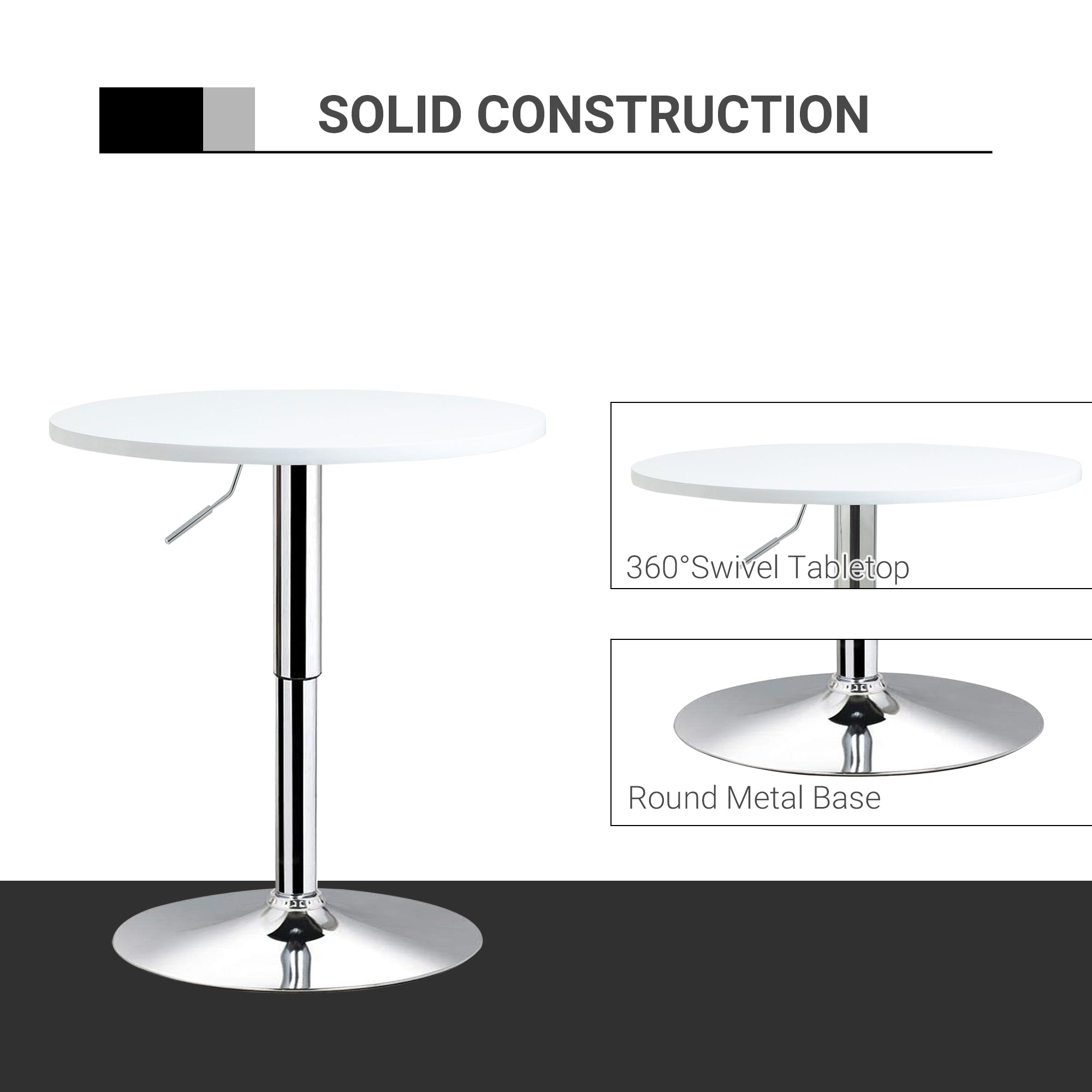 HOMCOM Bar Table 60cm Adjustable Height Round Bistro Table w/ Swivel Top Metal Frame Counter Surface Stylish Kitchen Conservatory White
