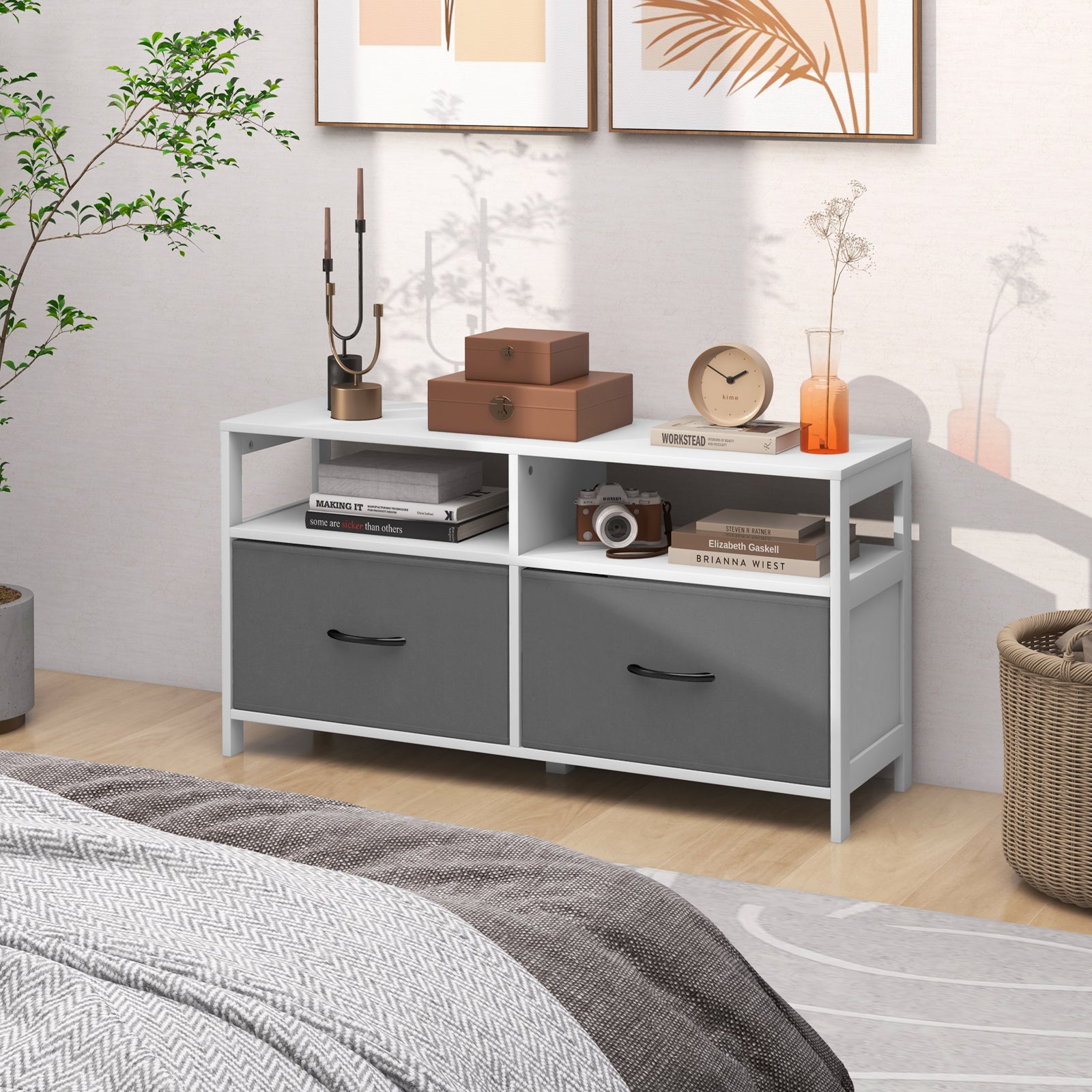 Fabric Dresser with 2 Drawers and 2 Open Shelves Fabric Bins-White